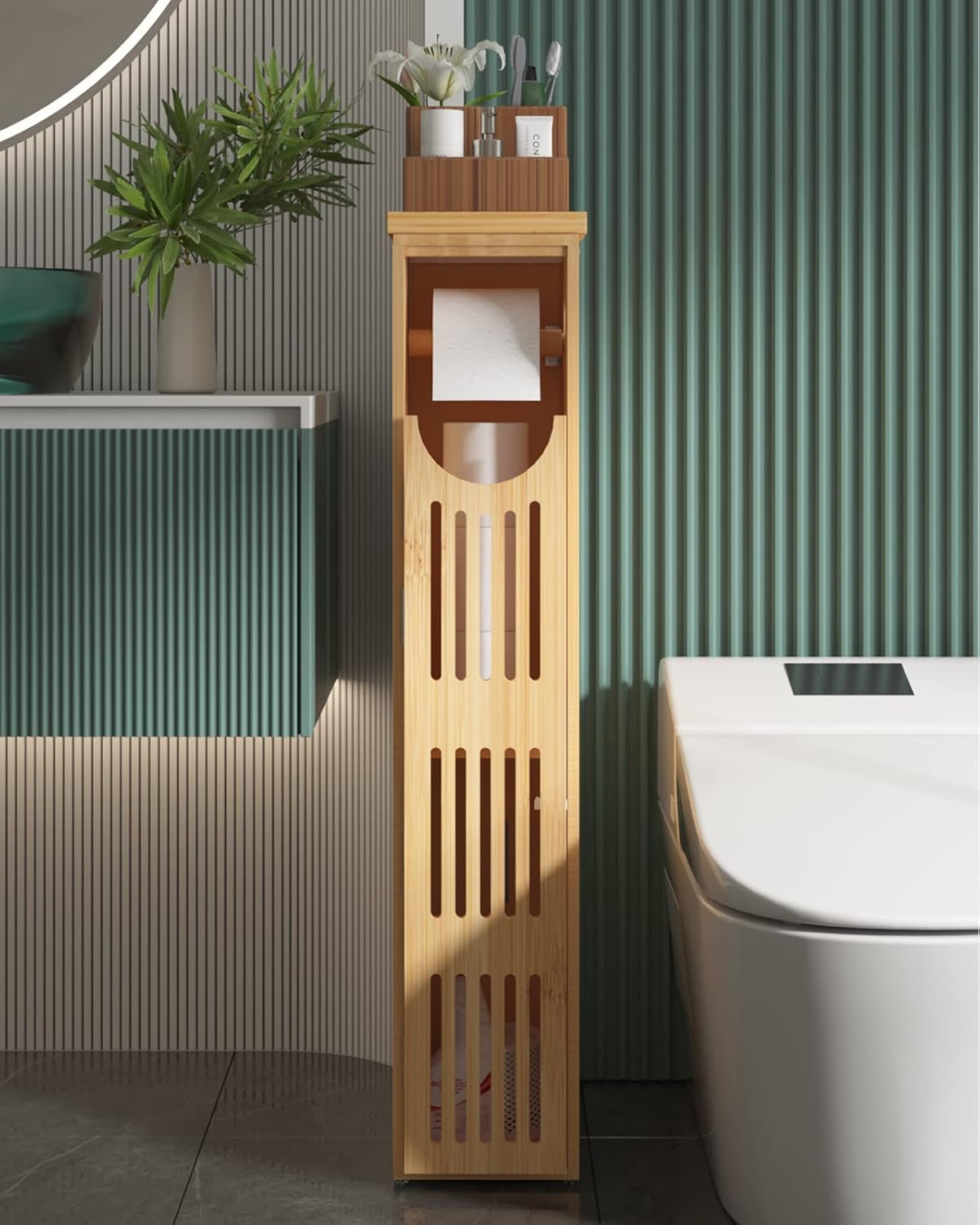 AmazerBath Bamboo Toilet Paper Storage Cabinet, Upgraded Toilet Paper Holder with Storage, Bathroom Organizers and Storage, Waterproof Coating, 33x7.3x6.5 Inches