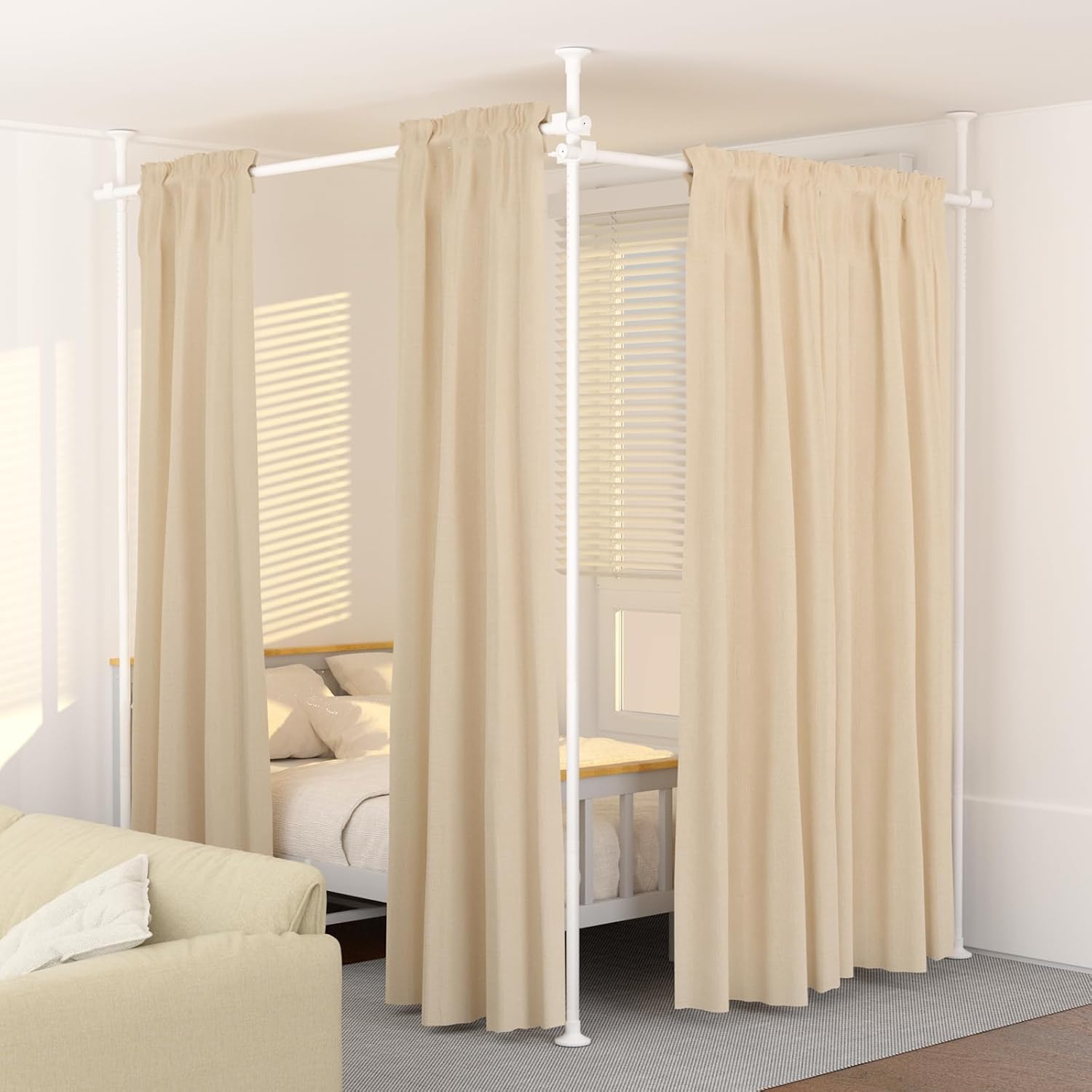 KELIXU Room Divider Curtain Rod, No Drilling Tension Rods for Room Separation, 28-144 inch W x 4-10 ft H Floor to Ceiling Wall Dividers Heavy Duty Vertical Tension Stand, Easy to Install, White