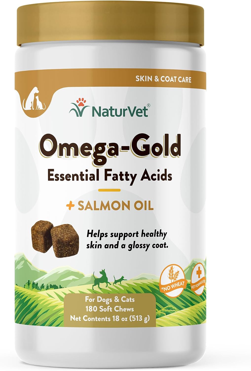 NaturVet Omega-Gold Plus Salmon Oil Supports Healthy Skin & Glossy Coat Enhanced with DHA, EPA, Omega-3 & Omega-6 for Dogs & Cats 180 Soft Chews