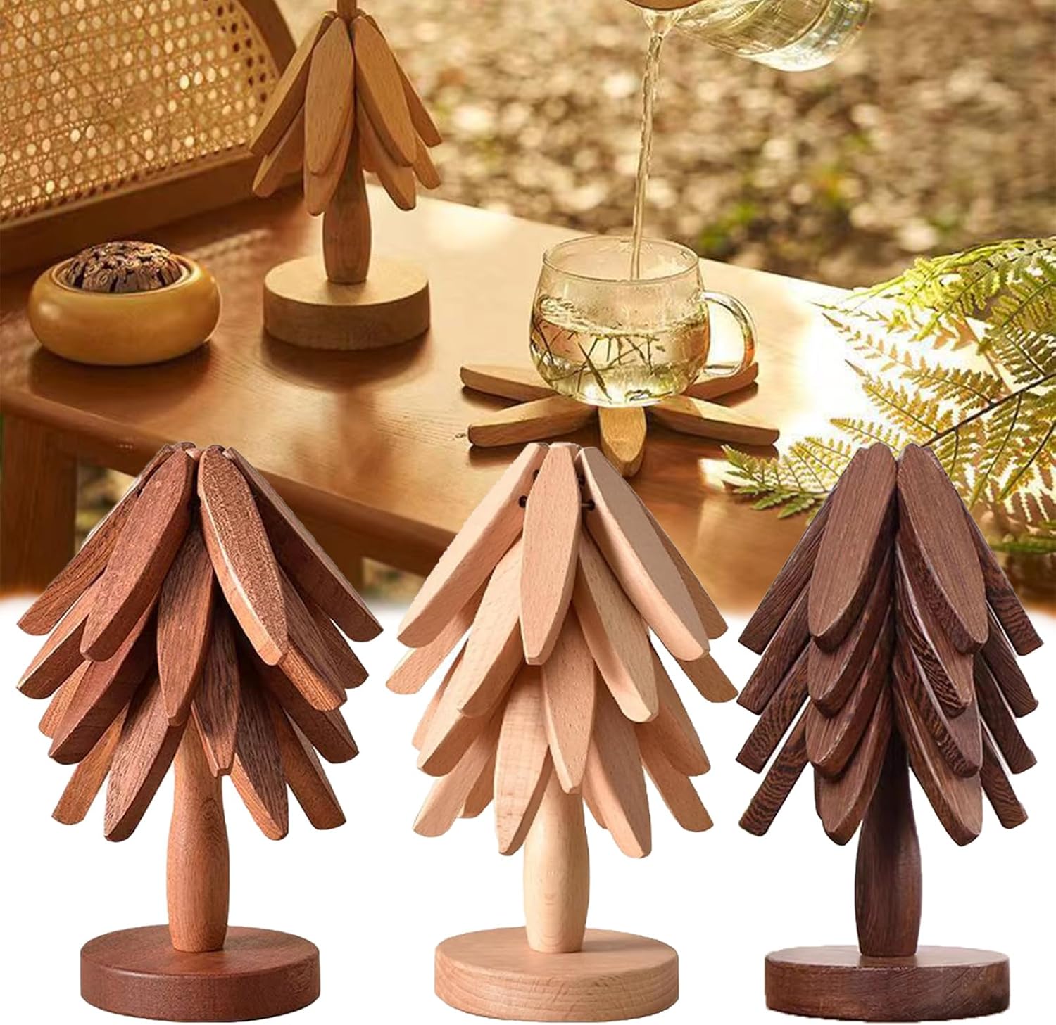 Treevet Coaster Set, Wooden Tree Coasters, Wooden Tree Coaster Set, Foldable Wooden Coasters for Hot Dishes, Wooden Coasters, Table Mat Set (4 Wooden Coasters+1 Stand Set)