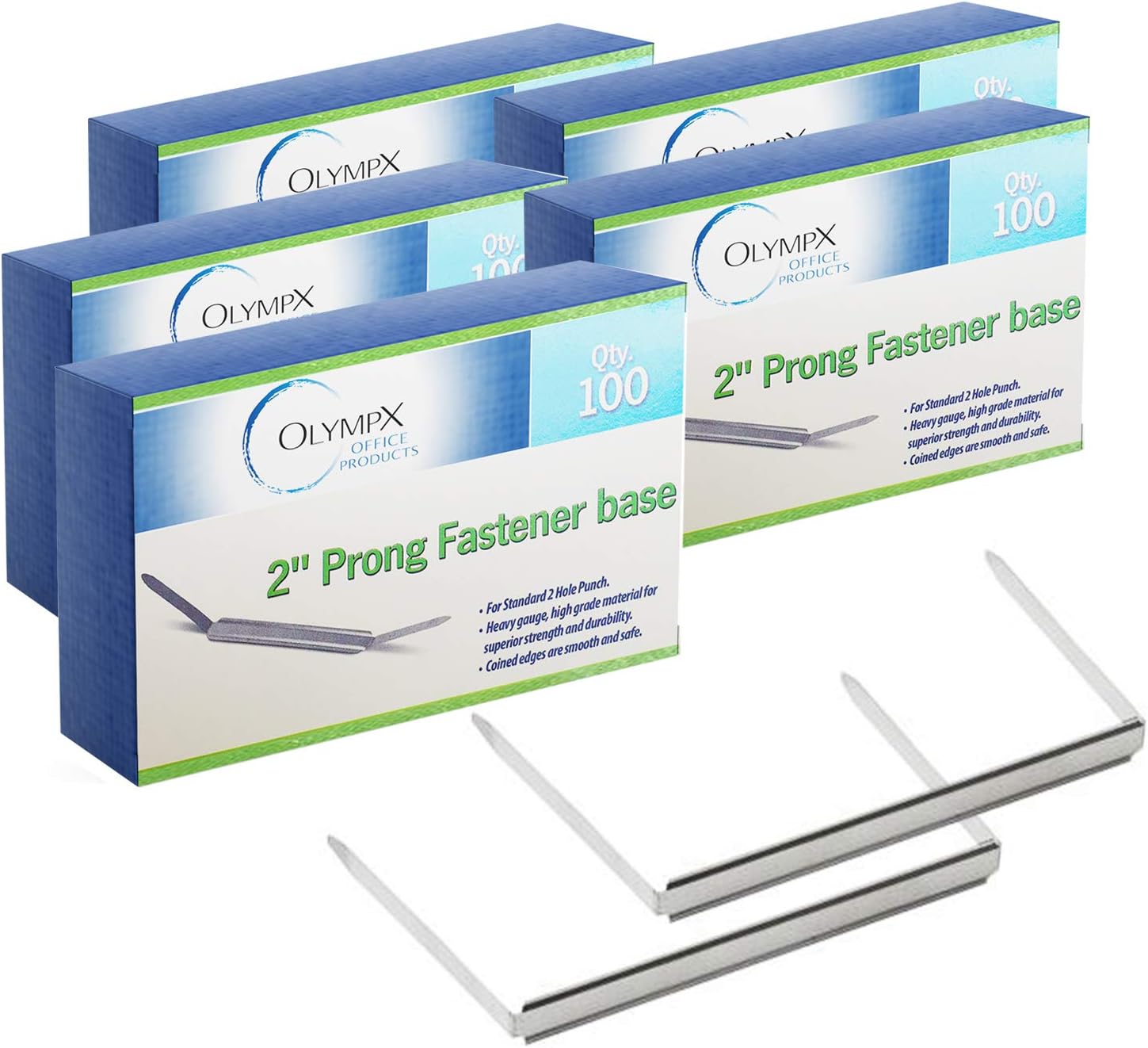 OLYMPX 500 Pcs of 2" Capacity Premium Metal Prong Paper Fastener Bases, 2.75 Inch Base for Paper File Clip Folder Accessories, Pack of 5 Boxes, 100 Bases per Box
