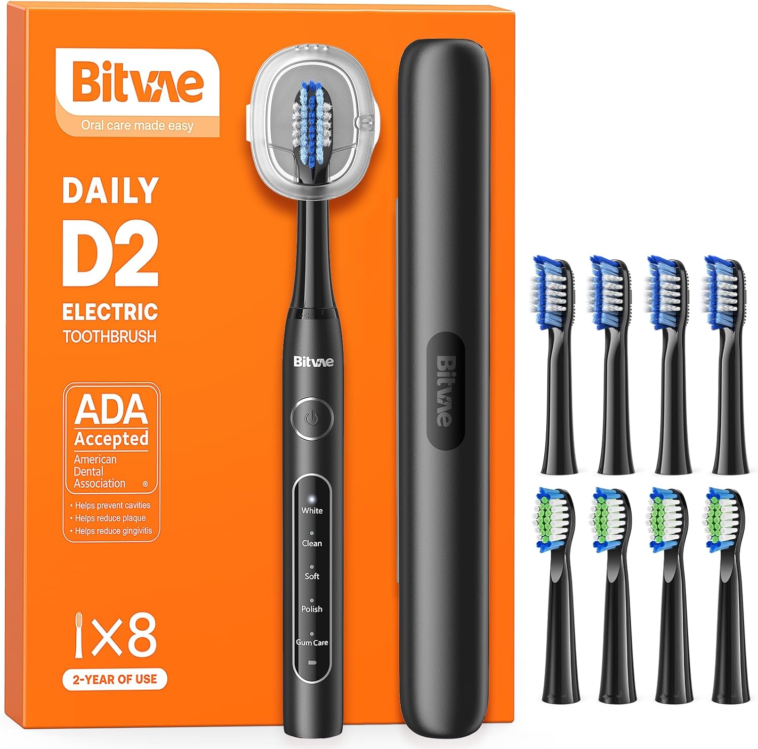 Bitvae D2 Ultrasonic Electric Toothbrush for Adults and Kids, Electric Toothbrush with Rechargeable Power, 8 Toothbrush Heads and 5 Modes, Black