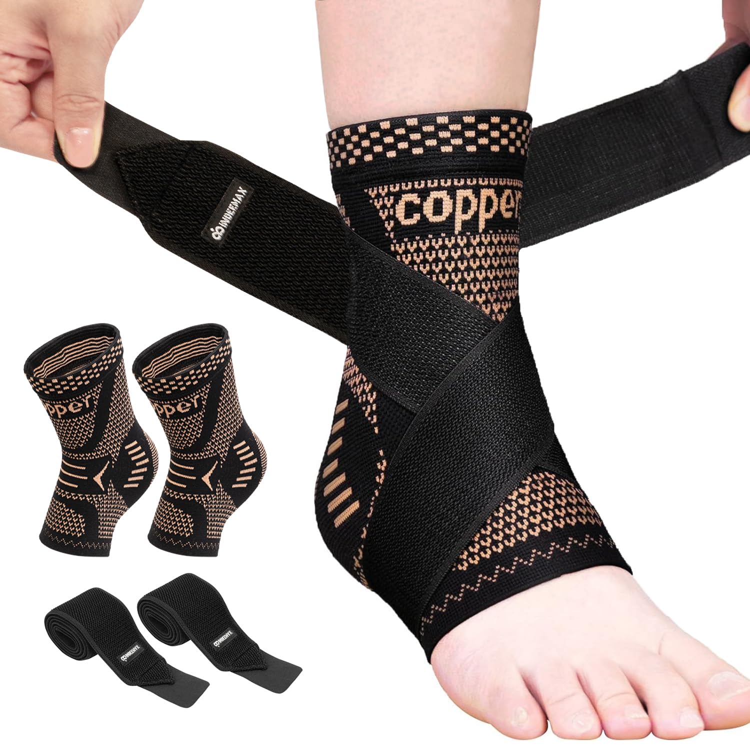 INDEEMAX Ankle Brace for Women Men, Ankle Support Brace for Sprained Ankle, Plantar Fasciitis, Running, Football, Achilles Tendon Support for Achilles Tendonitis, Copper Infused, L