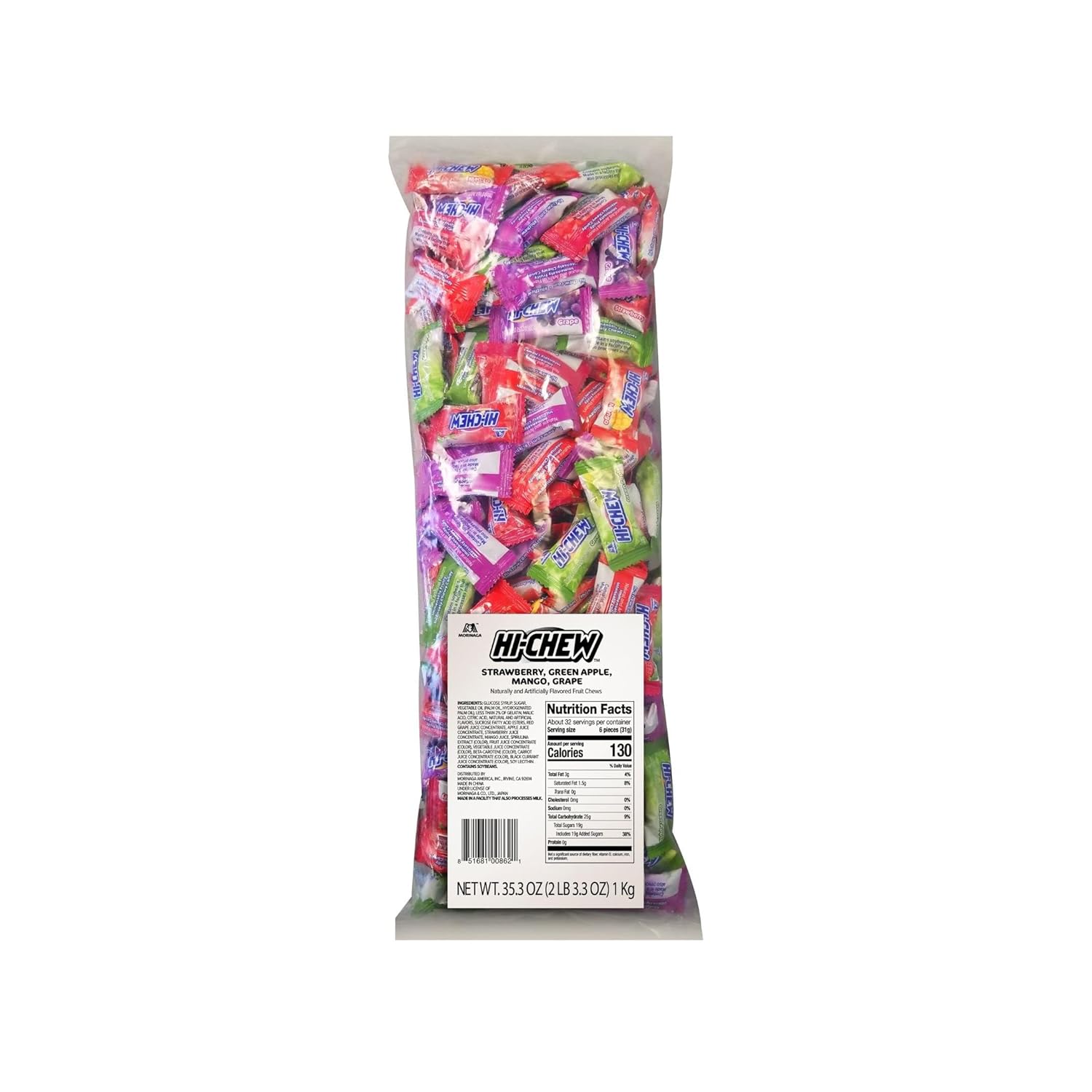 HI-CHEW Assorted Bulk Candy Bag, Green Apple Strawberry Mango Grape, Soft & Chewy Candy 2.2lb - 185+ Pieces Individually Wrapped - Made with Immensely Juicy Fruity Flavors