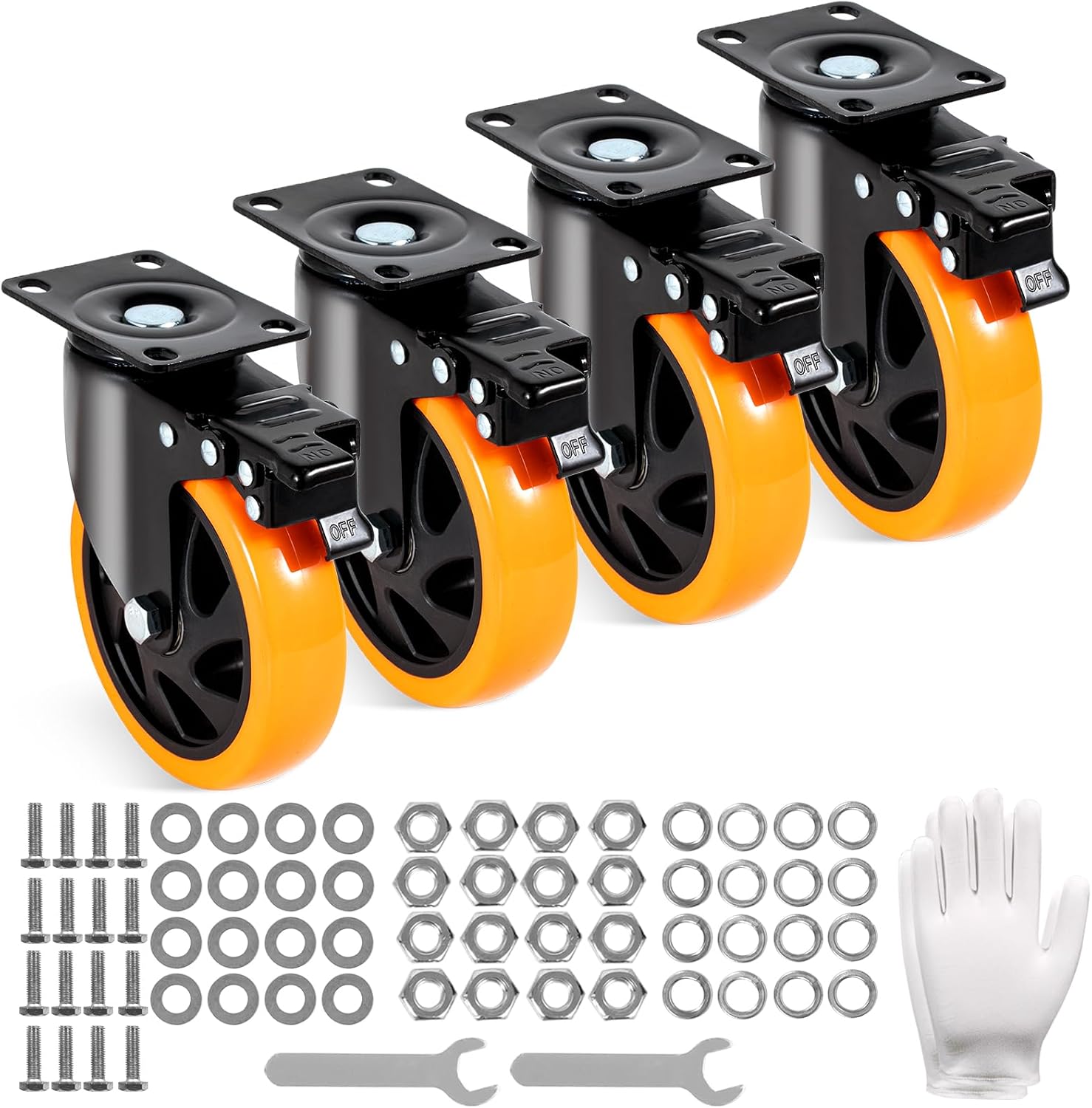 VEVOR Caster Wheels, 5-inch Swivel Plate Casters, Set of 4, with Security A/B Locking No Noise PVC Wheels, Heavy Duty 450 lbs Load Capacity Per Caster, Non-Marking Wheels for Cart Furniture Workbench