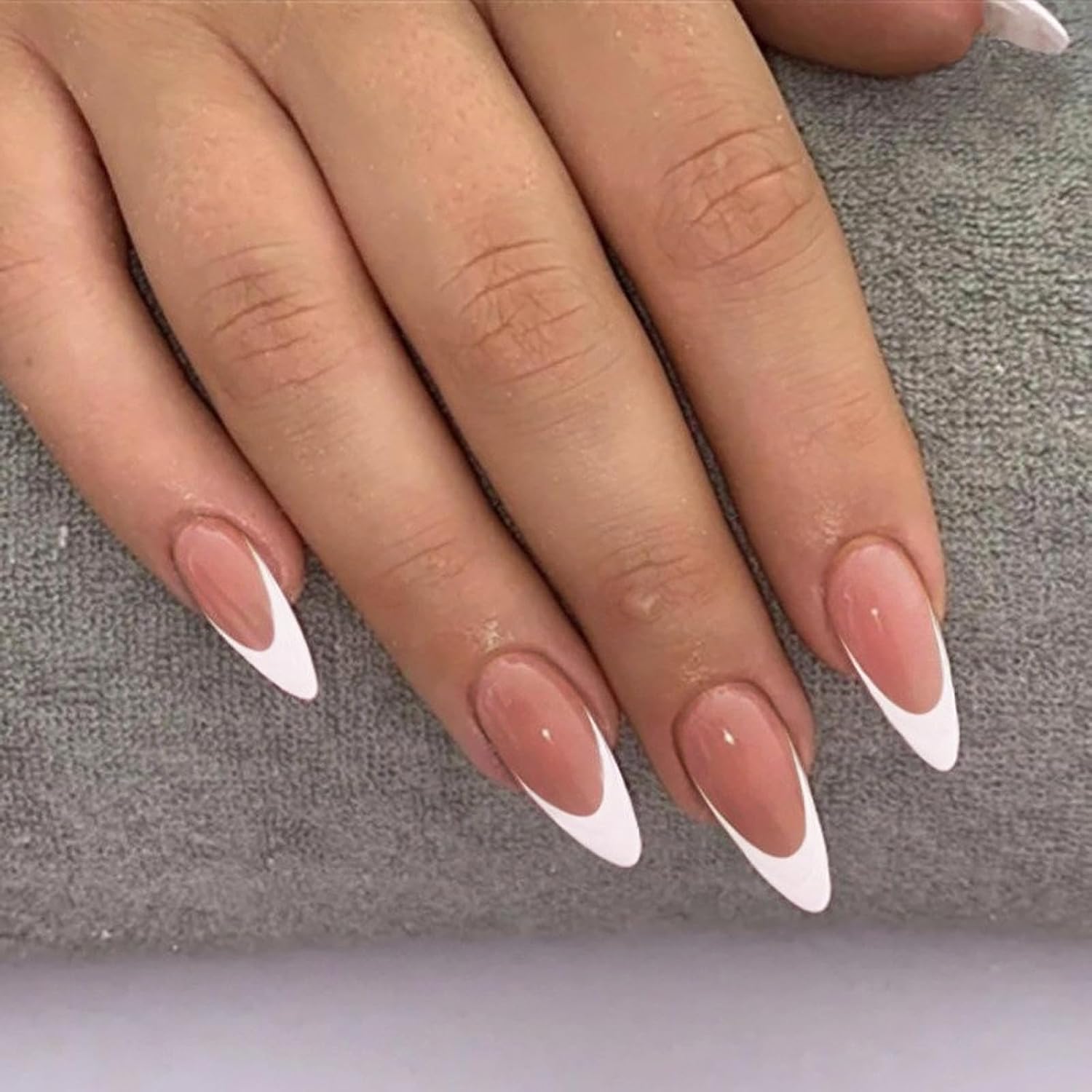 Press on Nails - 24pcs Almond False Nails - Nude Pink French Tip False Nails - 12 Sizes Stick on Nails for Women - Medium Length Glue on nails - Elegant White Tips Design Acrylic Fake Nail