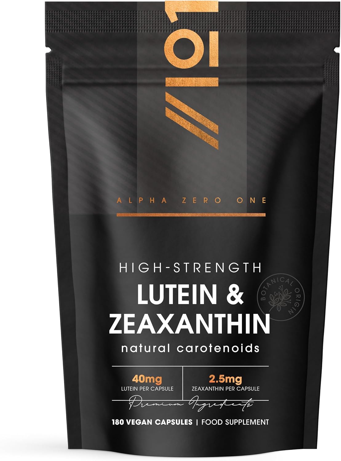 Lutein & Zeaxanthin with BioPerine® – 40mg Lutein 2.85mg Zeaxanthin – 180 Vegan Capsules – Natural Carotenoids from Marigold Extract – Resealable and Recyclable Pouch by Alpha01