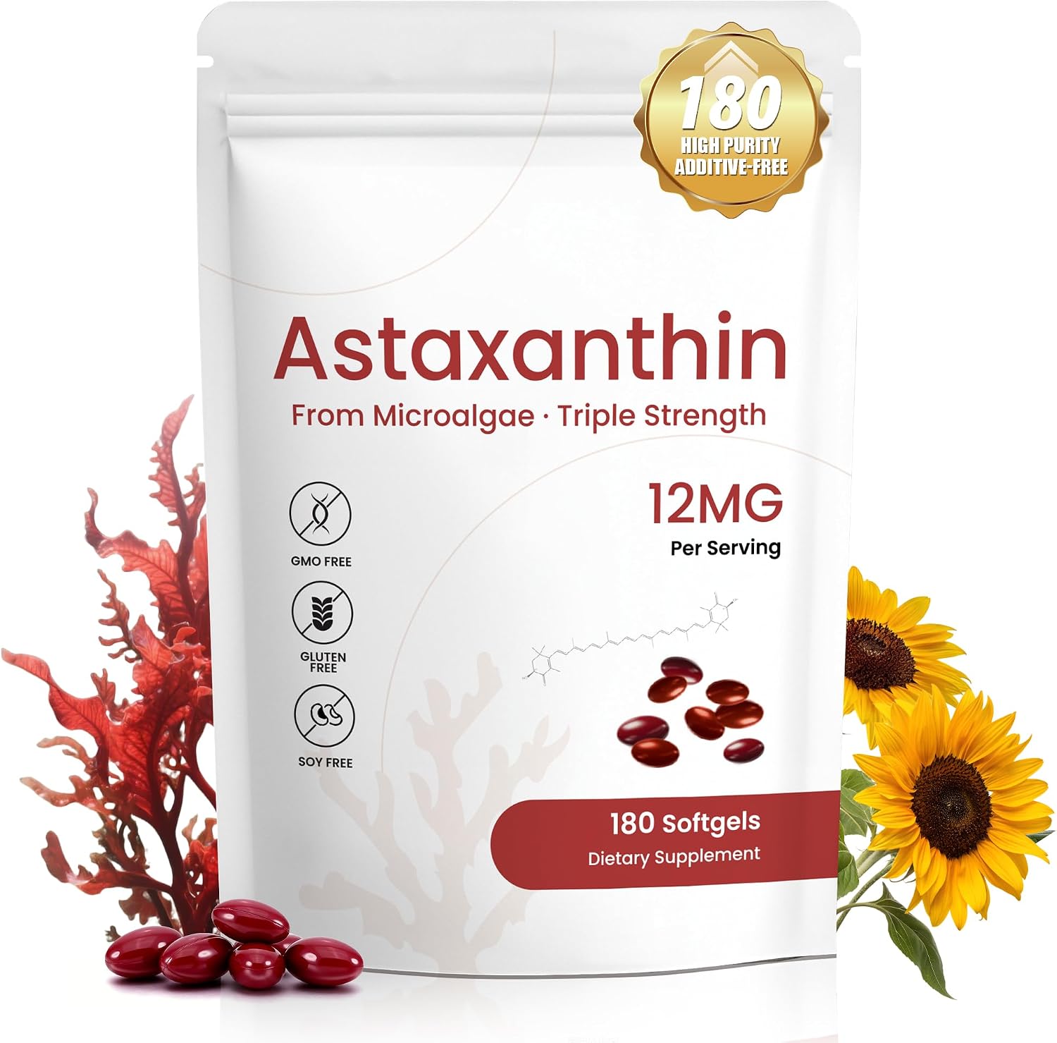 Astaxanthin 12mg Supplement, 180 Softgels, 6 Month Supply