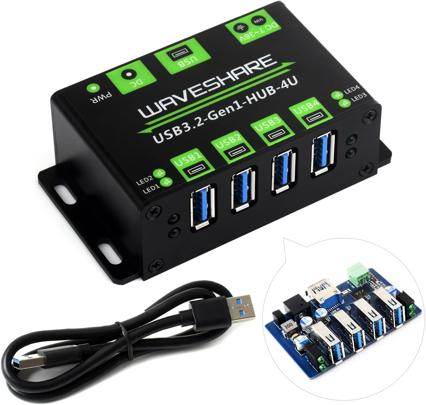 Waveshare 4-Ch USB 3.2 Gen1 HUB, Metal Case With Wall-Mount Support, Driver-Free, Plug-And-Play, compatible with Windows/MAC OS/Linux/Android, etc