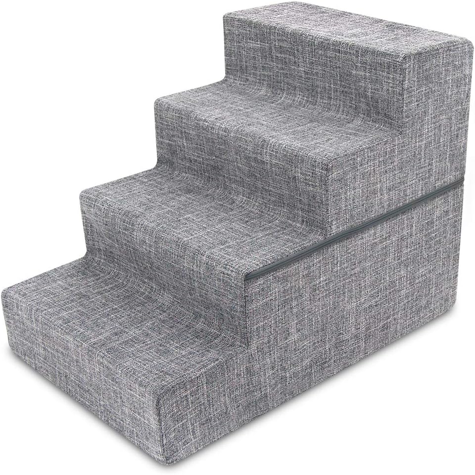 Best Pet Supplies Foldable Foam Pet Steps for Small Dogs and Cats, Portable Ramp Stairs for Couch, Sofa, and High Bed Climbing, Non-Slip Balanced Indoor Step Support, Paw Safe - Ash Gray Linen,4-Step