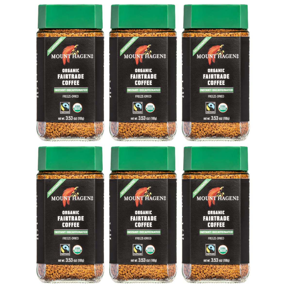 Mount Hagen 3.53oz Organic Freeze Dried Instant Decaf Coffee- 6 Pack | Eco-friendly, Fair-Trade Decaffeinated Coffee Made From Organic Medium Roast Arabica Beans [6x 3.53oz Jar]