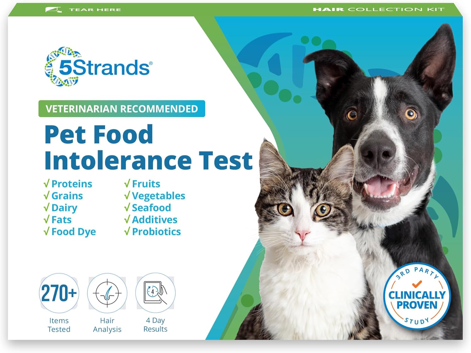 5Strands Pet Food Intolerance Test, at Home Sensitivity Test for Dogs & Cats, 270 Items, Hair Analysis, Accurate for All Ages & Breeds, Pet Gut Health, Fast 5 Day Results