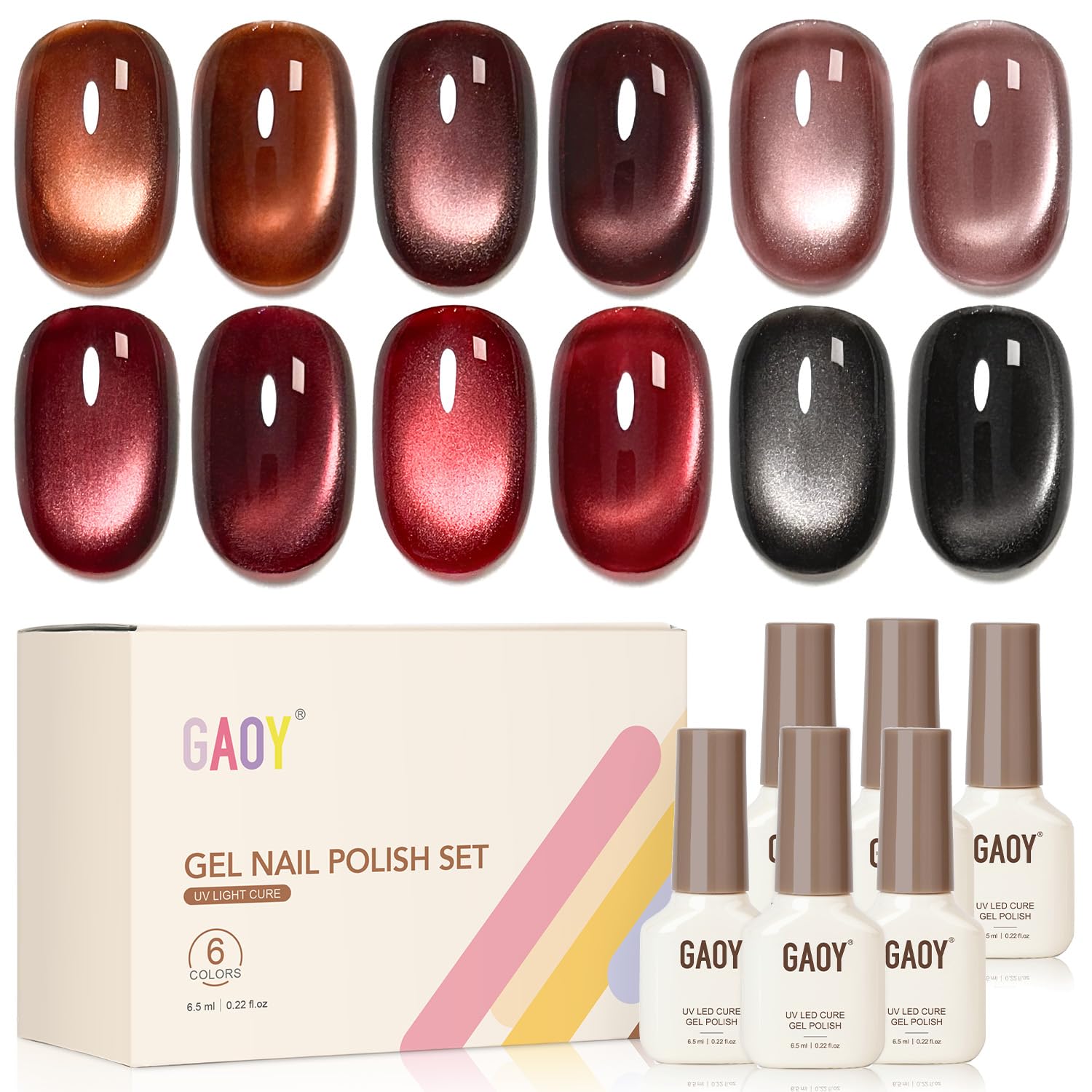 GAOY Red Cat Eye Gel Nail Polish Set with Magnet, Burgundy Brown 6 Colors | Holographic, Glass Cateye, Glitter, Valentine's Date Night New Year Christmas Nails, DIY Manicure at Home, Gift for Women