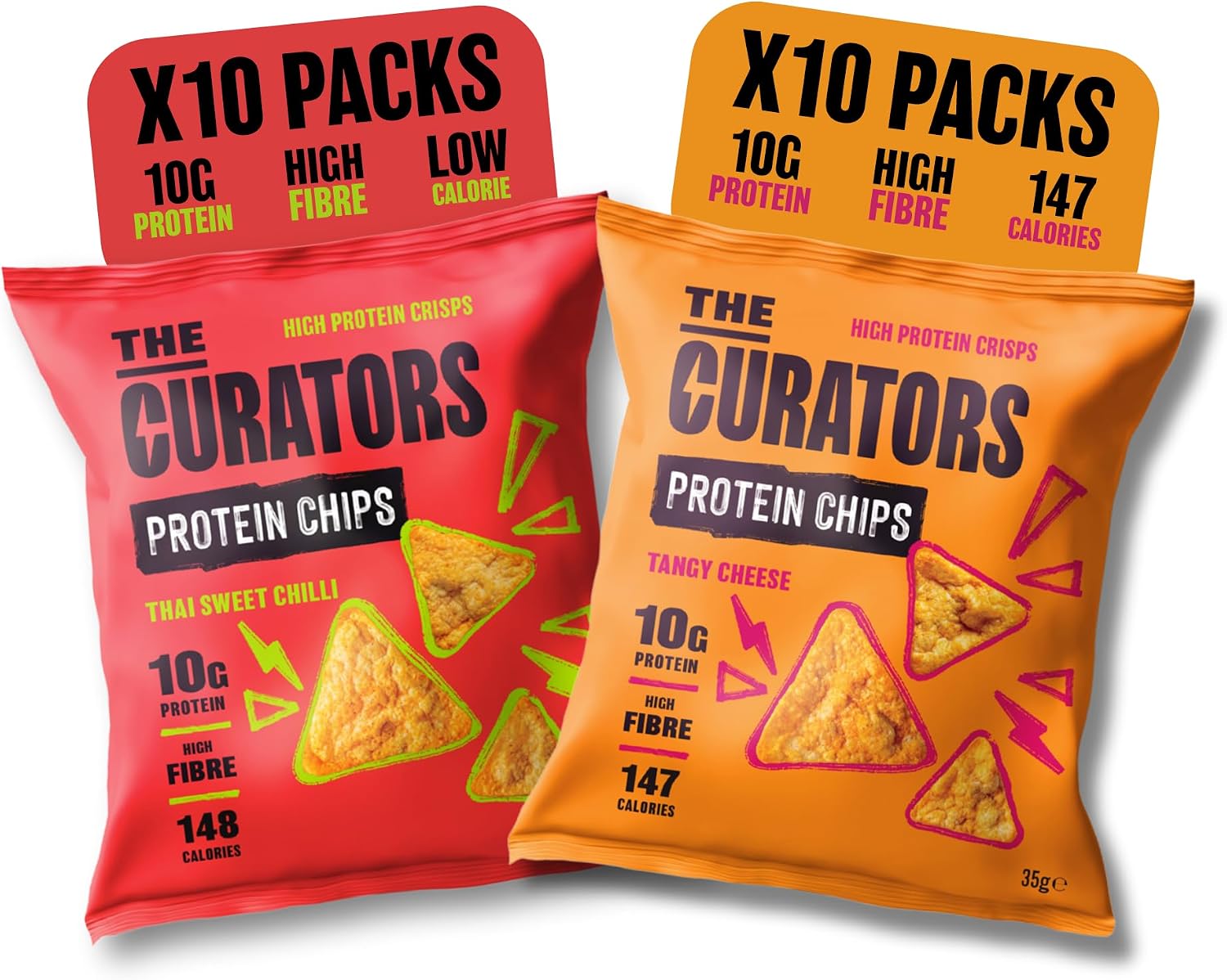 THE CURATORS Protein Chips, Tangy Cheese & Thai Sweet Chilli, 35g (20 Packs), 10g Protein, High Fibre, 147 Calories, Gluten Free, Veggie, Lentil Crisps.