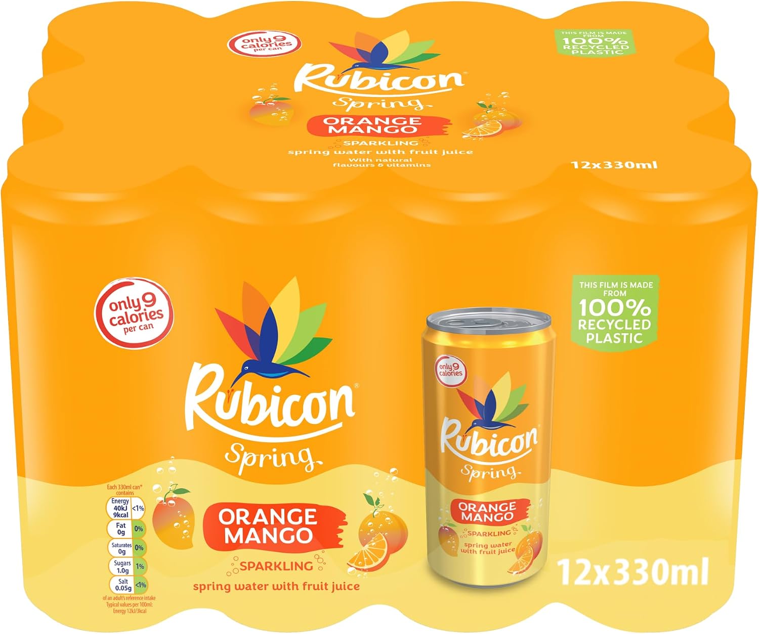 Rubicon Spring 12 Pack Orange Mango, Sparkling Spring Water with Real Fruit Juice & Natural Flavours, Only 9 Calories - 12 x 330ml Multipack Cans