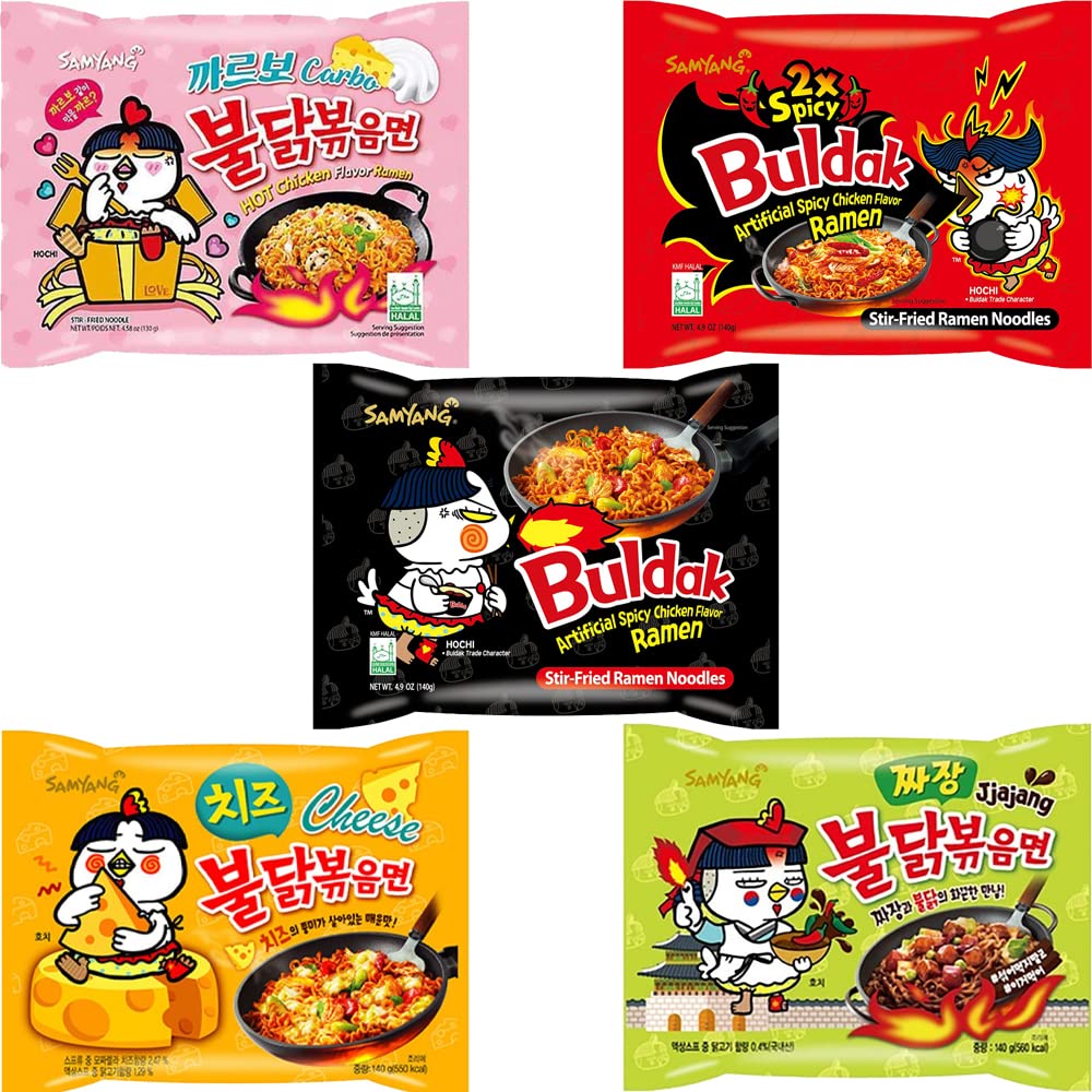 OHMARKET Samyang Buldak Korean Hot Spicy Chicken Stir-Fried Ramyun Noodles 5 Flavor Combo (Original + 2x Spicy + Carbo + Jjajang + Cheese) 5 Pack