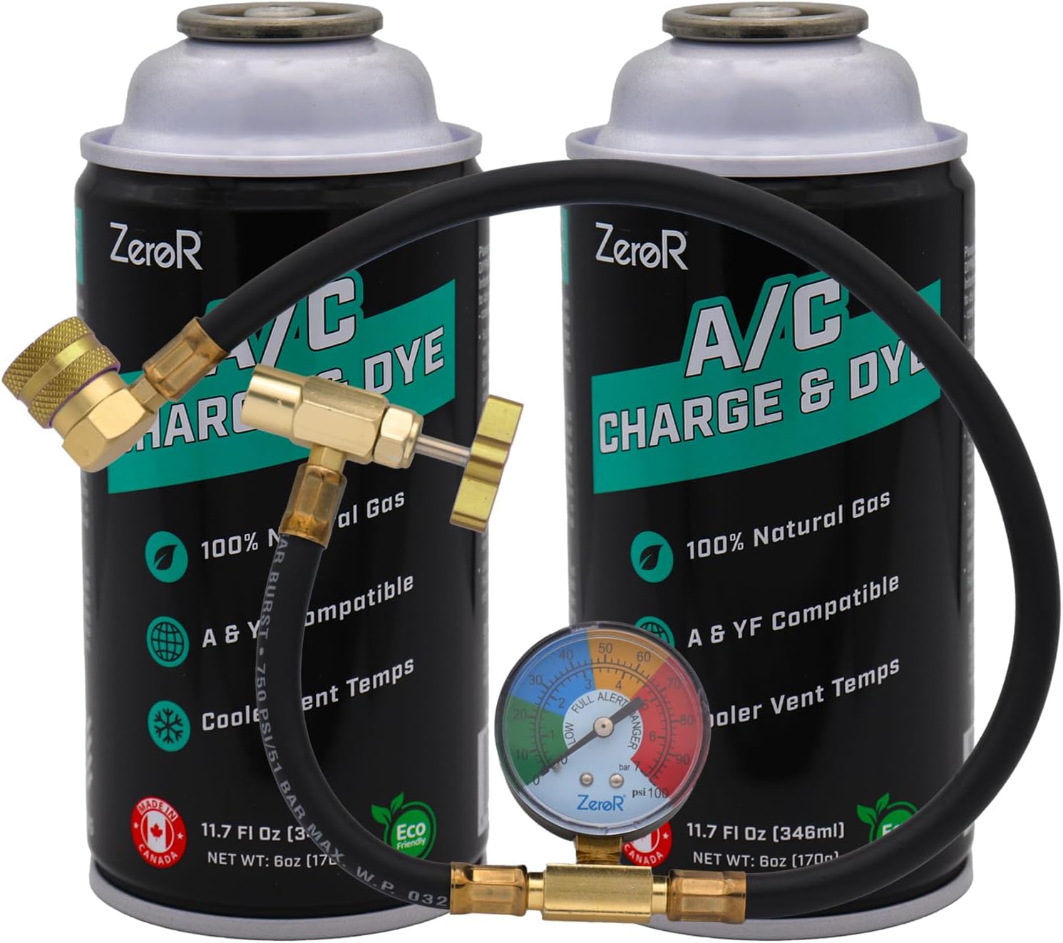 ZeroR AC Recharge Kit R134a Replacement – Eco-Friendly Refrigerant Gas with 24-Inch Charging Hose Tool for SSV Cans, 2-Pack