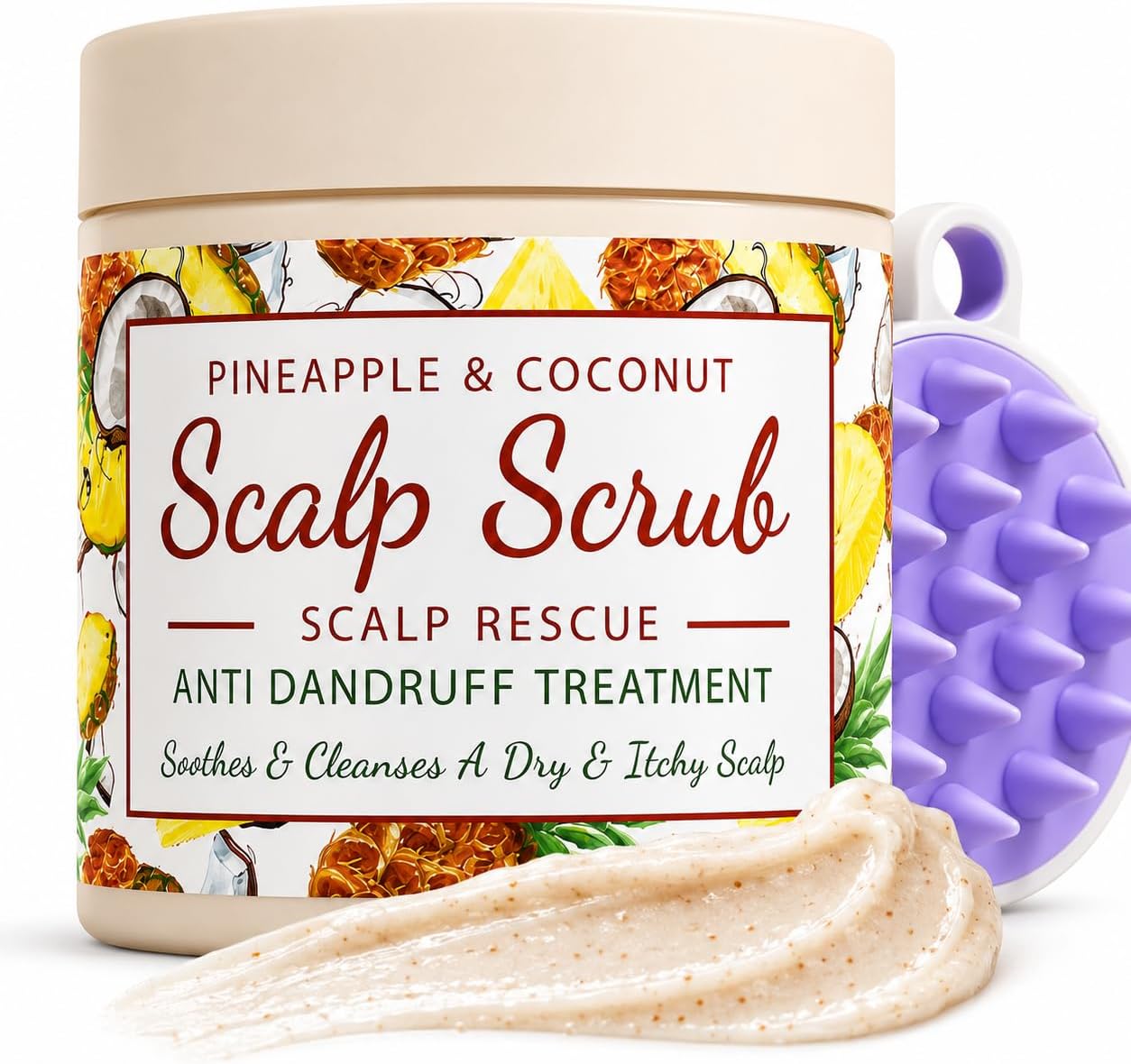 CalmGrace Exfoliating Scalp Scrub in Bigger Size with Silicone Brush | Fortified with Dead Sea Salt, Tea Tree Oil, Coconut Oil & Vitamin C, E | Detox Hair Care Set for Dandruff & Itchy Scalp