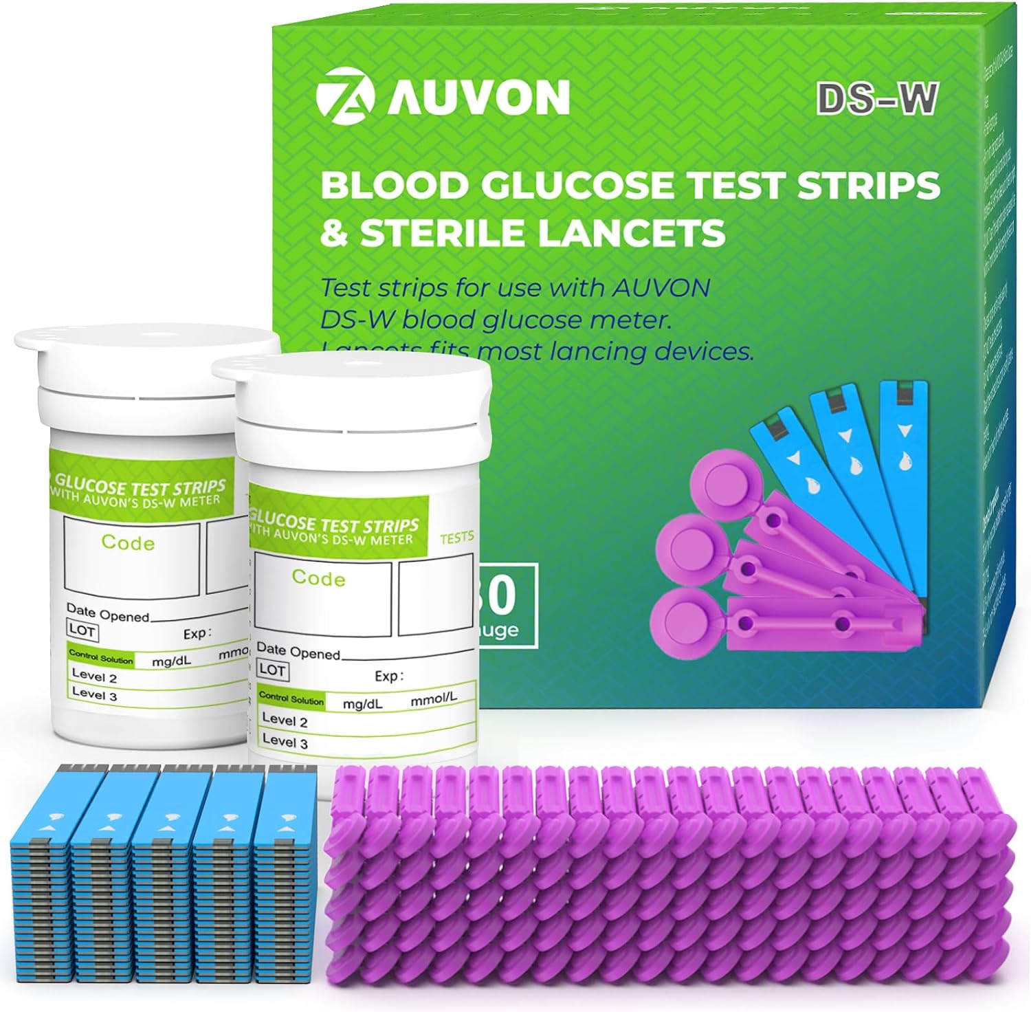 AUVON Blood Glucose Test Strips & Diabetic Lancets Kit, 100 Pack, 30 Gauge