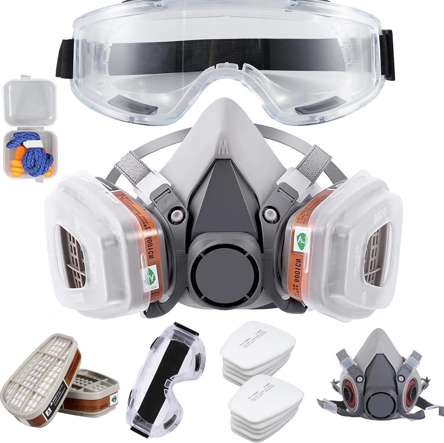 goambuy 30 in 1 Half Facepiece Reusable Cover, for Painting, Dust, Machine Polishing, Vapors with Filter Cotton, Sawing, Welding, Vapors， Full set + Glasses + 12 Filter cotton + Earplug