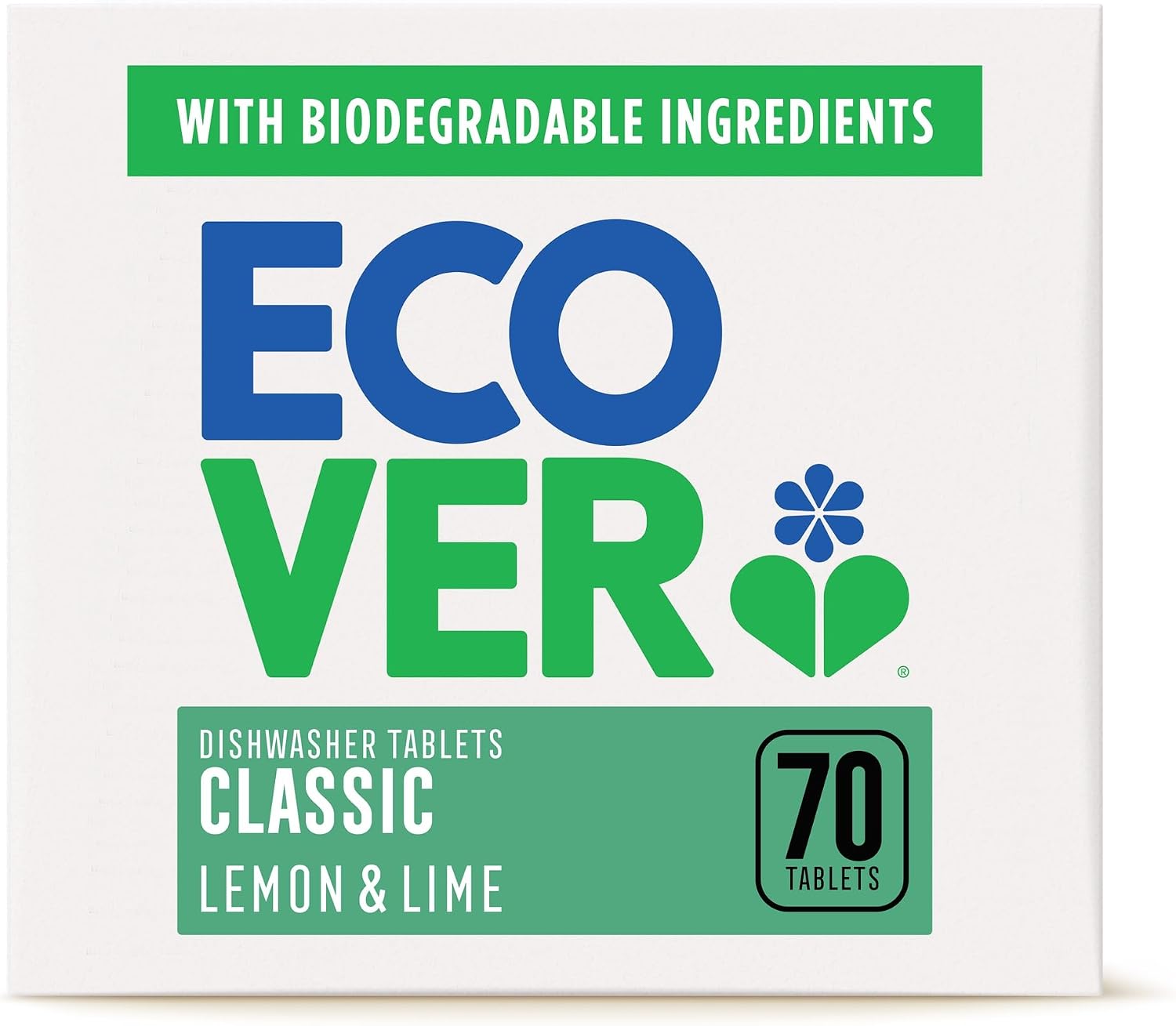 Ecover Classic Dishwasher Tablets, Contains Salt & Rinse Aid, Powerful Cleaning, Lemon & Lime Scent, Pack of 1, 70 Tablets