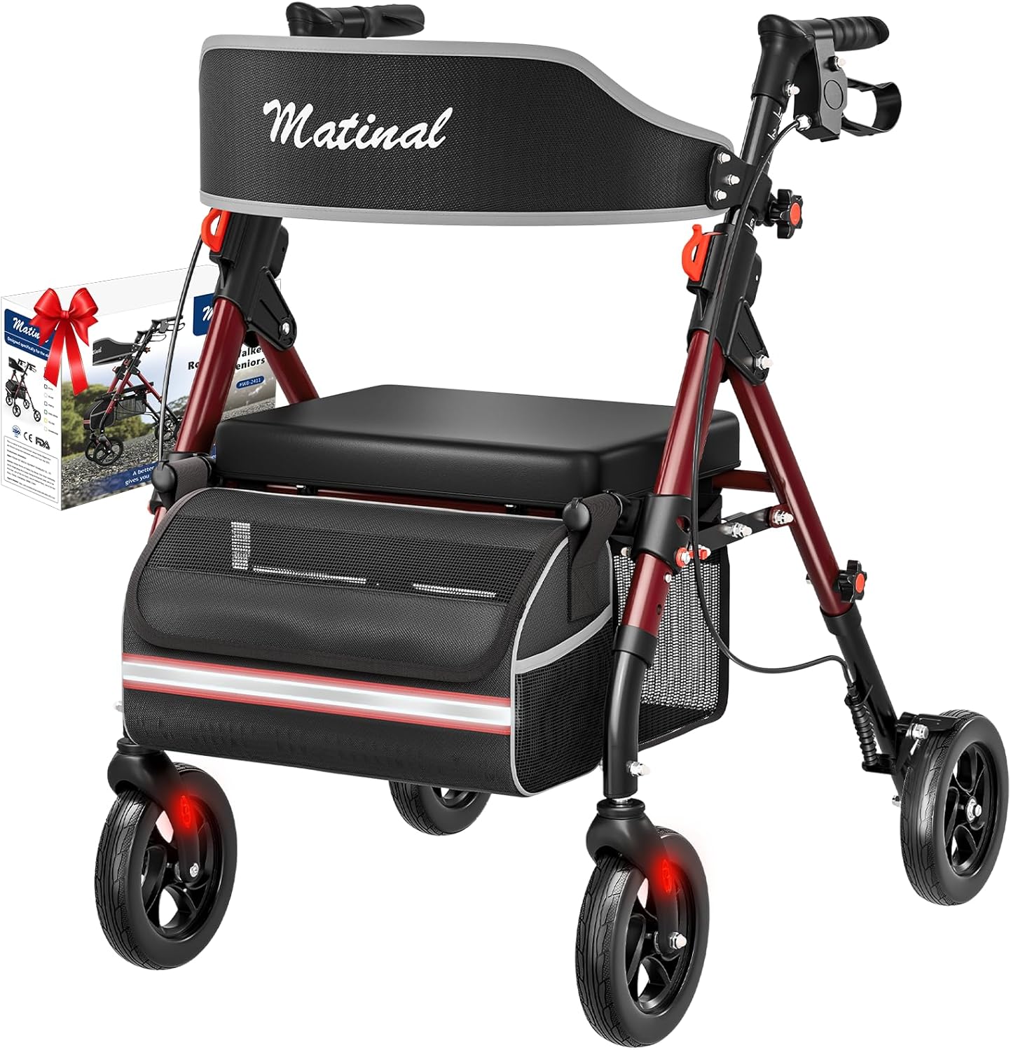 Walkers for Seniors, Rollator Walker with Seat, Walkers for Seniors with seat, 350 lb Capacity,with 8'' Big Wheels, Rolling Walker (Burgundy)
