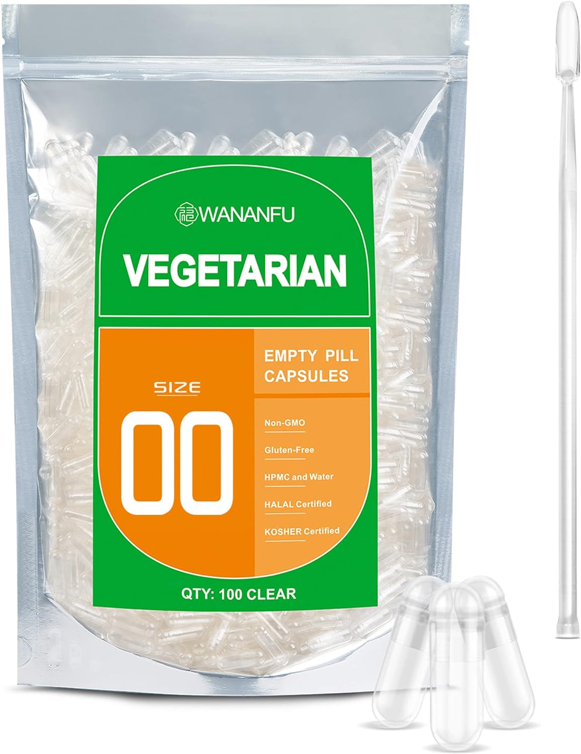 WANANFU Size 00 Empty Capsules Vegetarian (100 Count) Bundle with Micro Lab Spoon with Powder Tamper, Compatible with Capsule Filling Machine