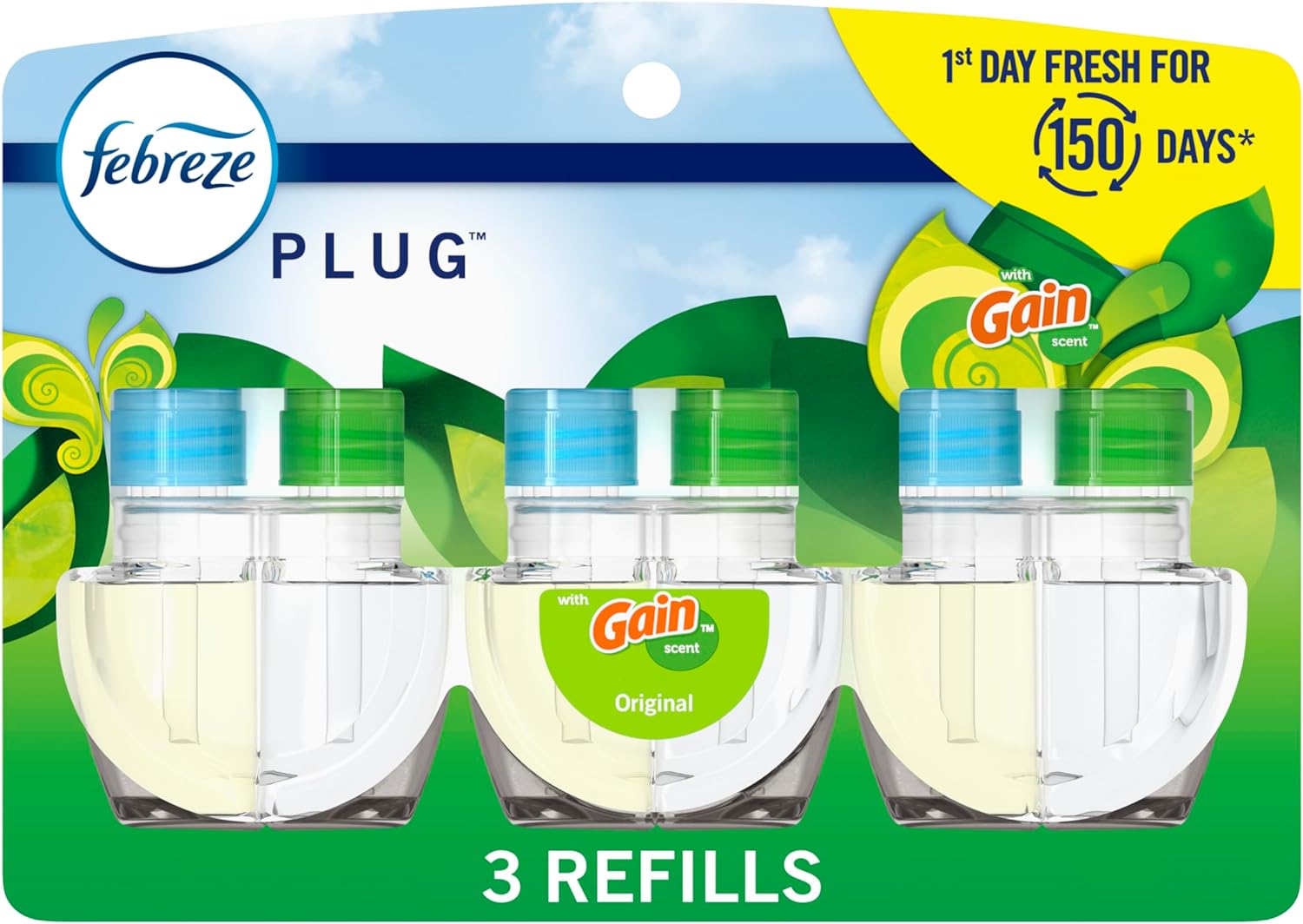 Febreze Plug In Air Freshener, Odor-Fighting Scented Oil Refill, Air Fresheners for Home and Bathroom and Kitchen, Long Lasting for Strong Odors, Gain Original Scent, 0.87oz Refills, 3 Count