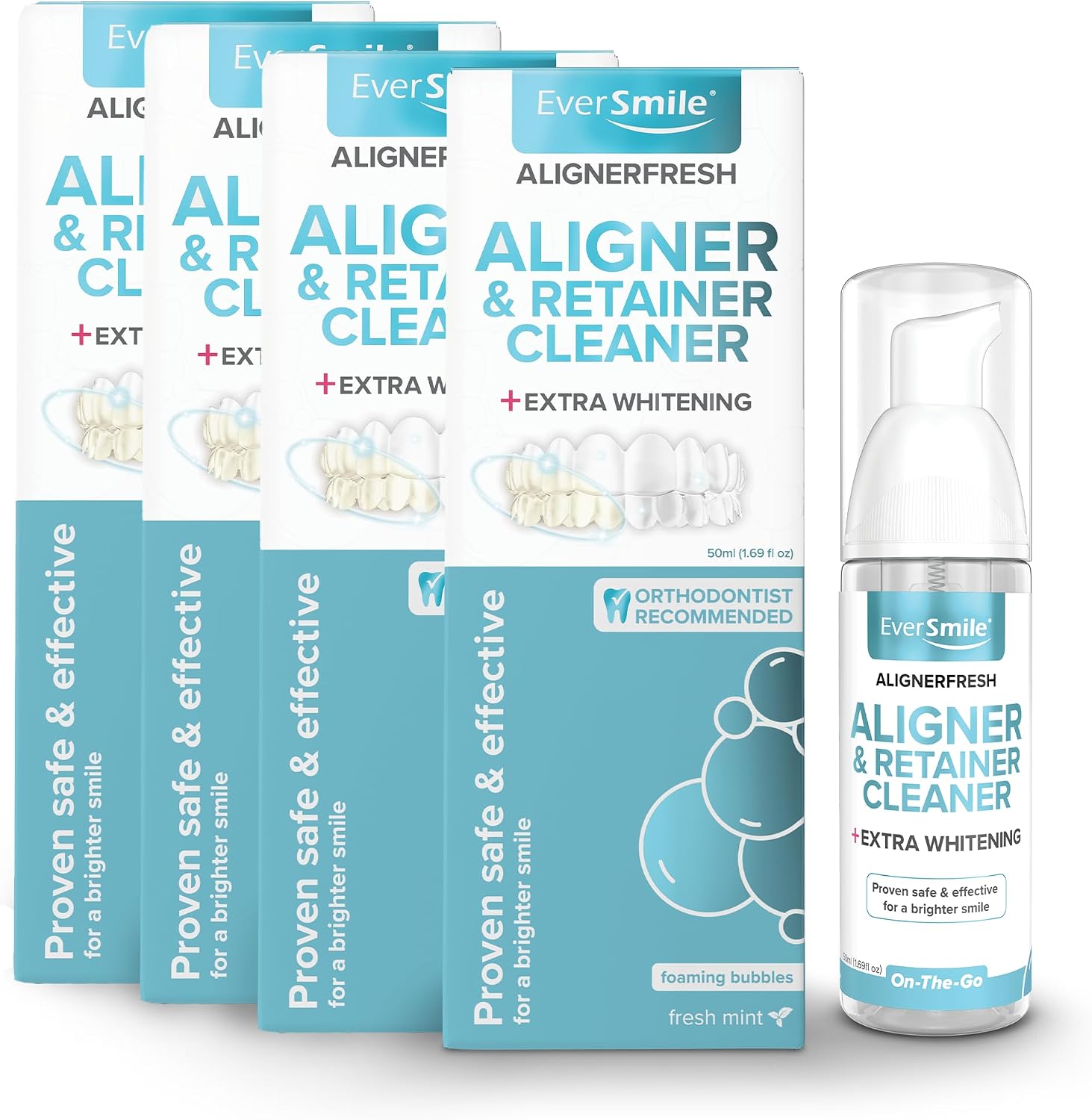 EverSmile AlignerFresh Extra Whitening Foam – Cleaner Compatible w/Invisalign and All Clear Aligners and Retainers – Eliminates Bacteria, Whitens Teeth, Fights Bad Breath – 50ml (4 Pack)