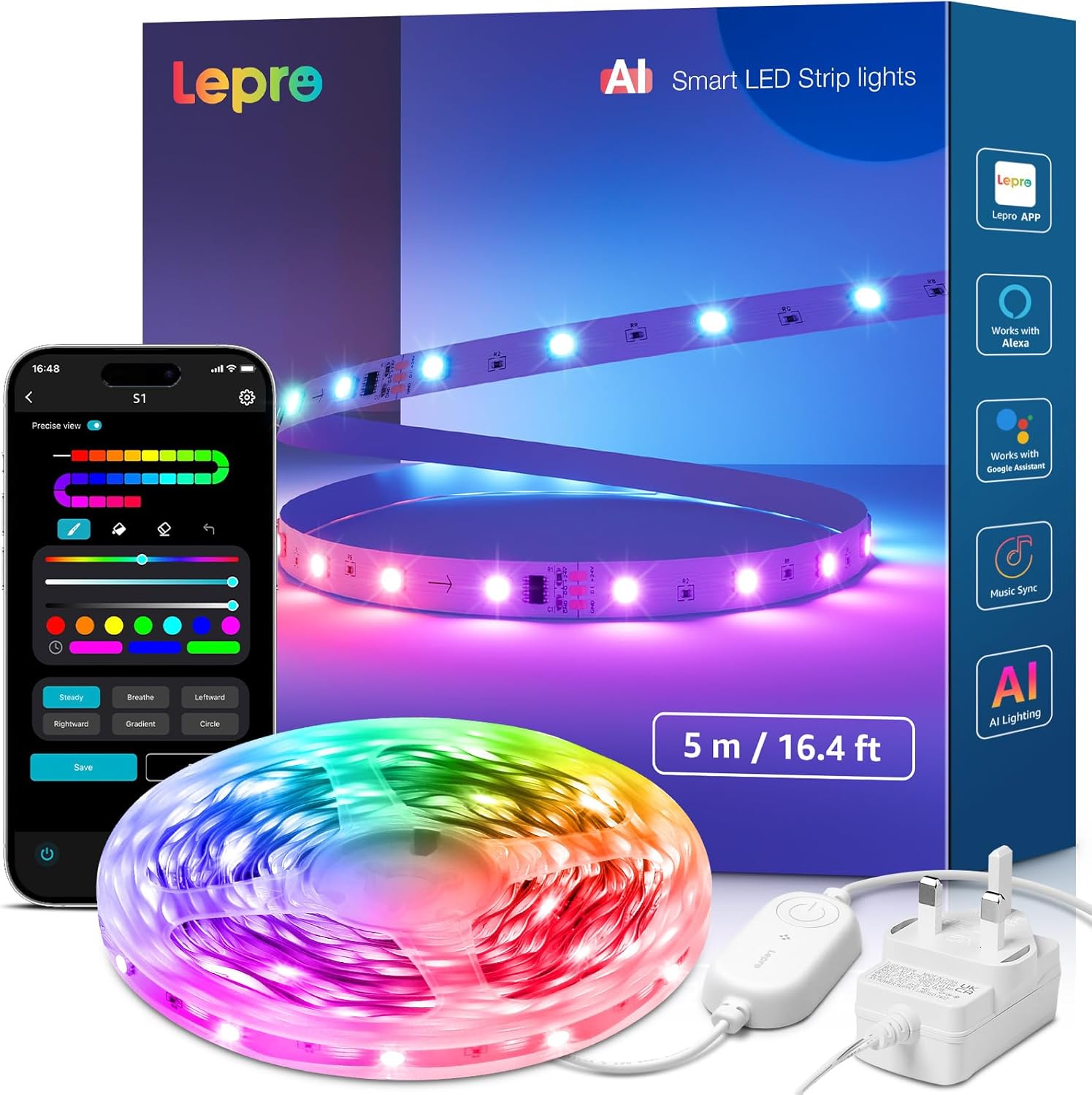 Lepro S1 AI Smart Rainbow LED Strip Light 5M, 30 LEDs/M, Music Sync, Works with Alexa & Google Home, WiFi Bluetooth App Voice Control, AI Lighting Design Assistant, MagicColor LED Lights for Bedroom