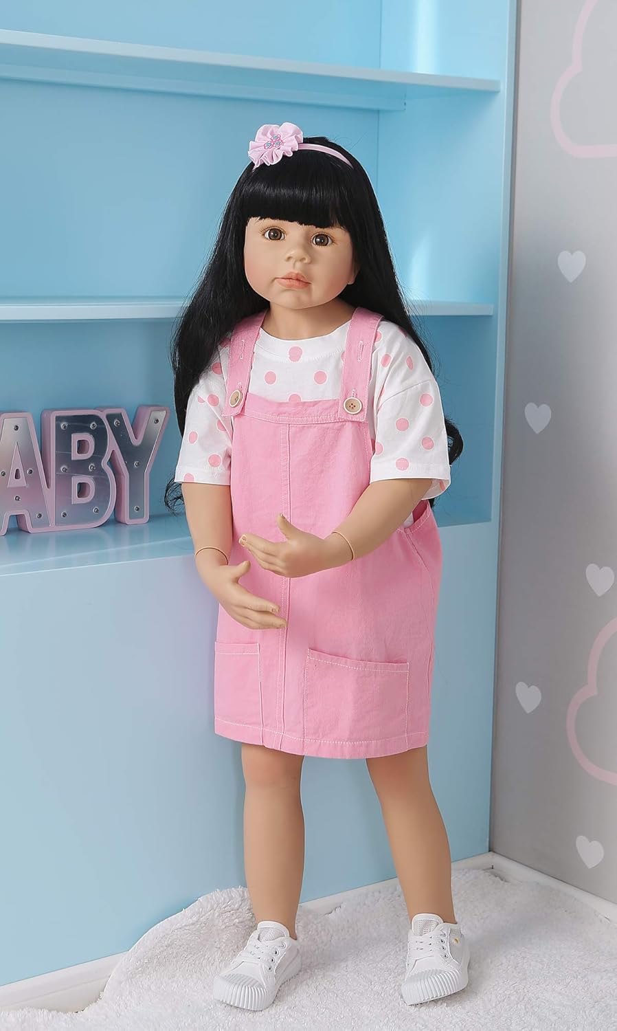 Buby 39inch Reborn Toddler Dolls,Huge Baby Full Body Hard Vinyl Smile Girl Realistic Newborn Dolls Blond Hair Girl Age Dress Model Collectible (Pink Jumper Skirt)