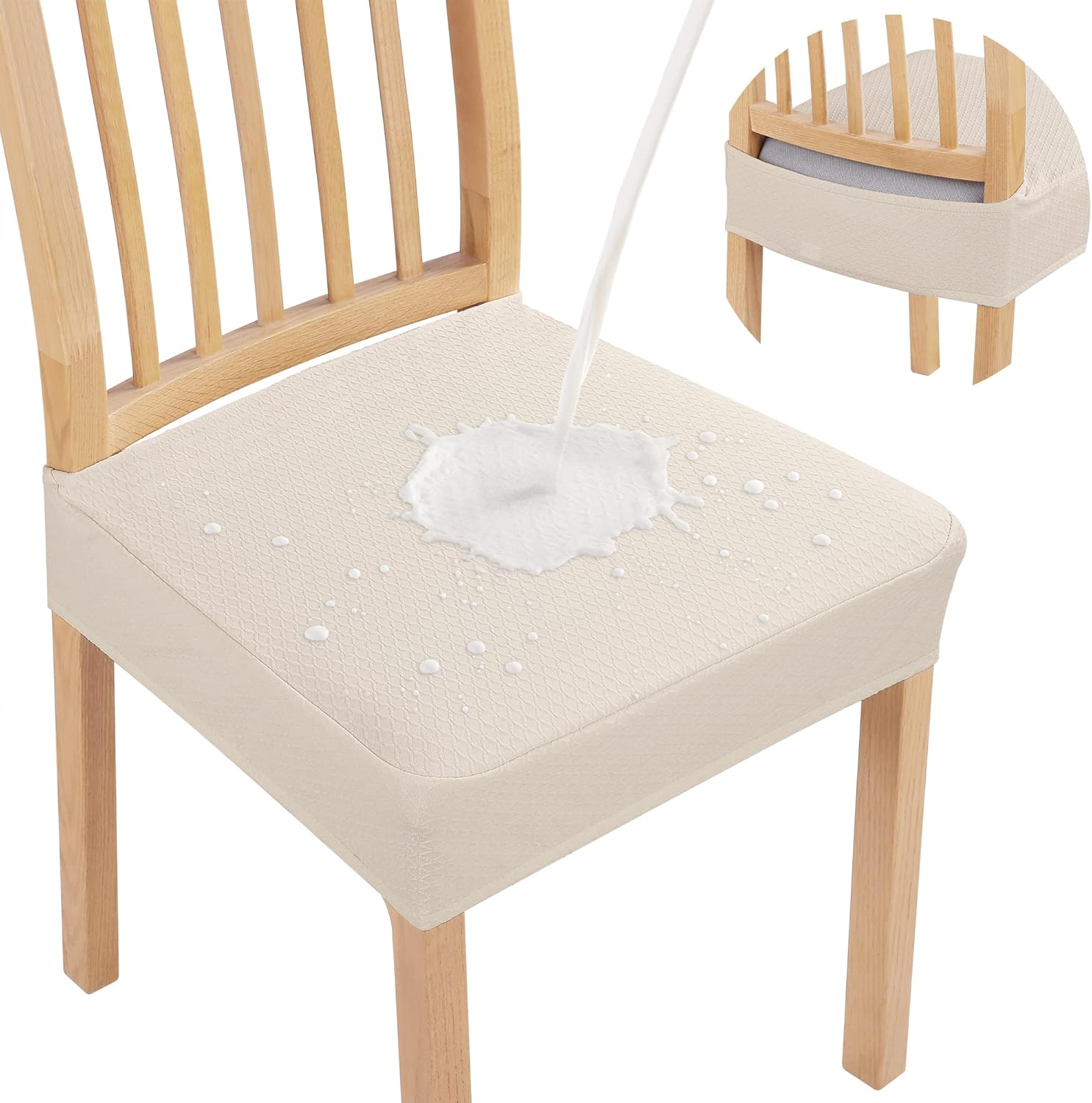 smiry Waterproof Seat Covers for Dining Room Chairs Set of 4, Stretch Jacquard Removable Washable Chair Seat Slipcovers Protector, No Rear Covers, Beige