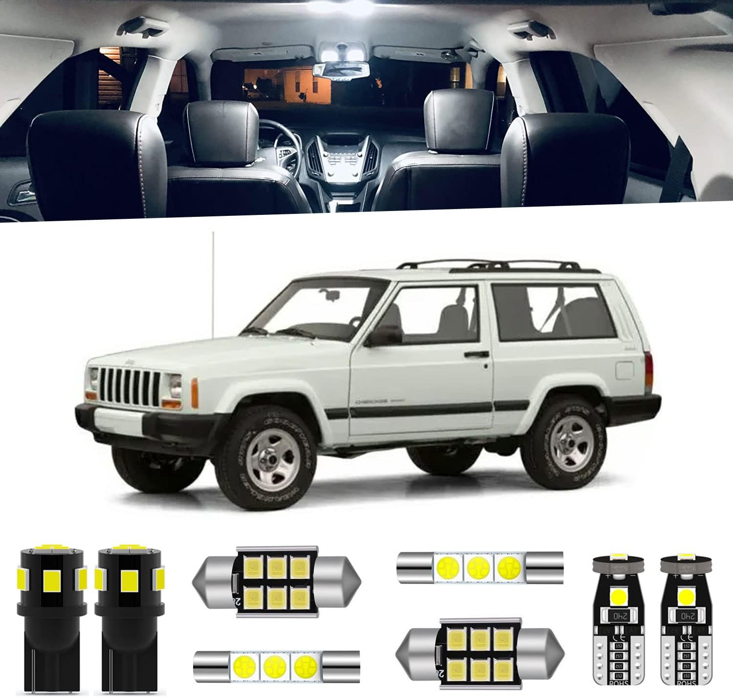 14-Pieces Cherokee LED Interior Light Kit for Jeep Cherokee XJ 1997 1998 1999 2000 2001 White 6000K Super Bright Interior Map Dome LED Lighting Package + License Plate Lights, Install Tool