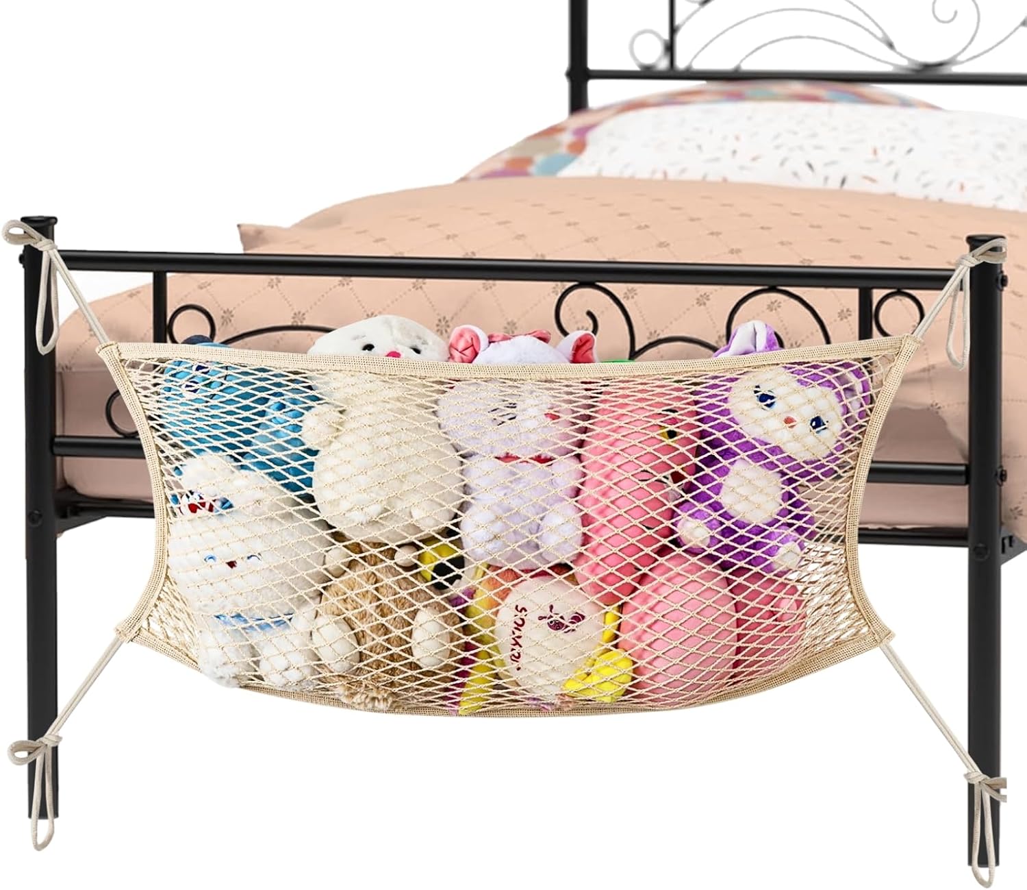 Stuffed Animal Storage Net for Kids, Bedside Toy Organizer Net - Neatly Store Your Stuffed Animals, Cotton Bedside Stuffed Animal Storage Net with Tether, Stretches up to 35 Inches, Beige