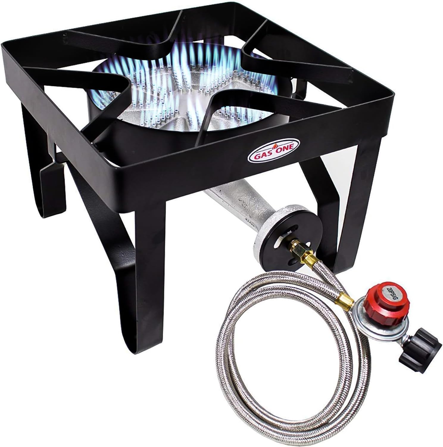 GasOne Square Heavy Duty Single Burner Outdoor Stove Propane Gas Cooker with Adjustable 0-20Psi Regulator & Steel Braided Hose Perfect for Home Brewing, Turkey Fry, Maple Syrup Prep