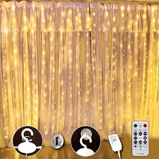 White Curtain Light for Bedroom, 300 LED 9.8ft x 9.8ft Window Fairy Curtain String Light with 16 Hooks, 8 Models Remote Control for Wedding Party Home Garden Indoor Decorations