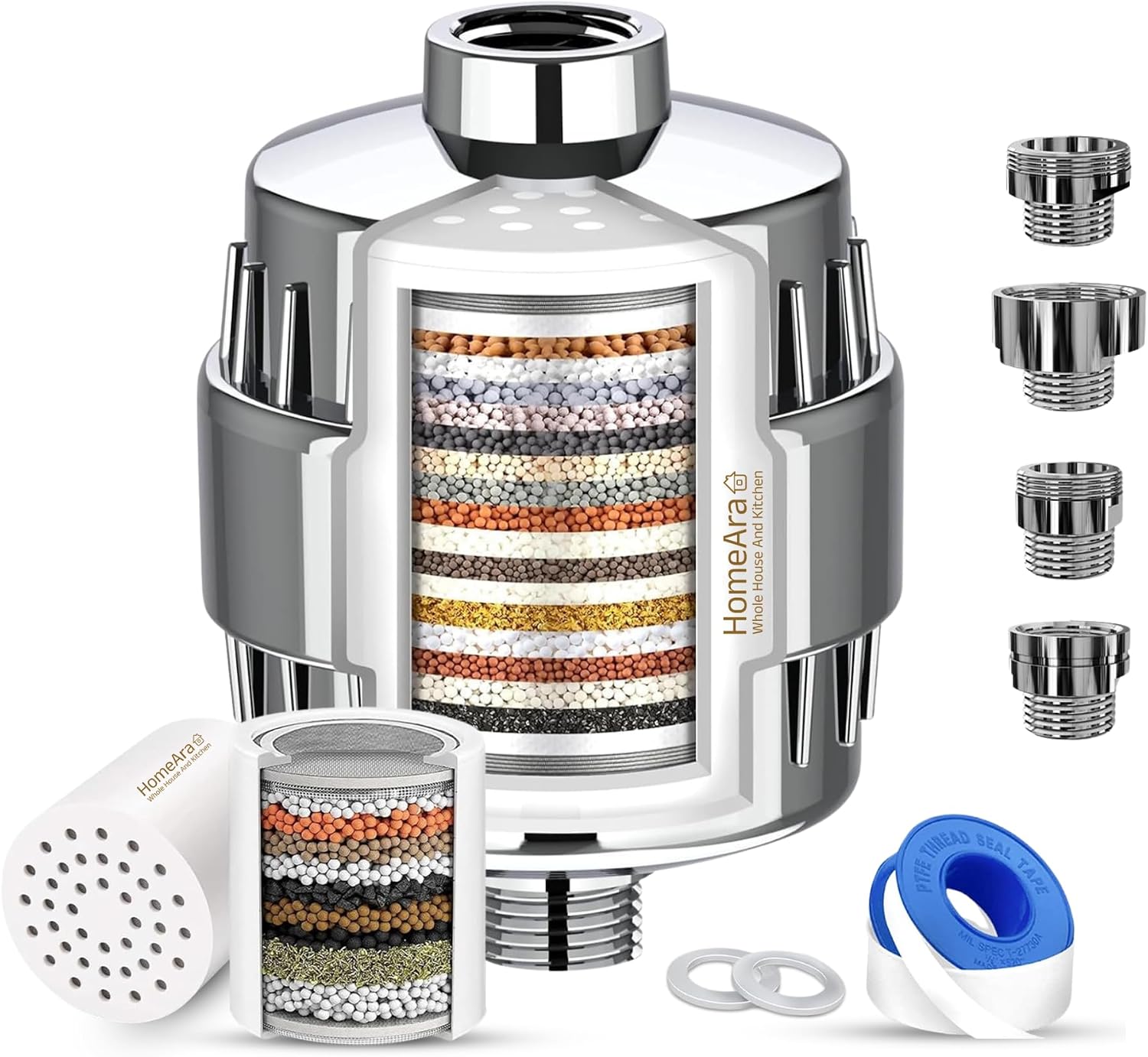 15-Stage Shower Filter for Hard Water, Water Softener Filter with Metal Adapter Set, Shower Head Water Filter for Chlorine, Rust, Sediment Improves Skin & Hair, Chrome