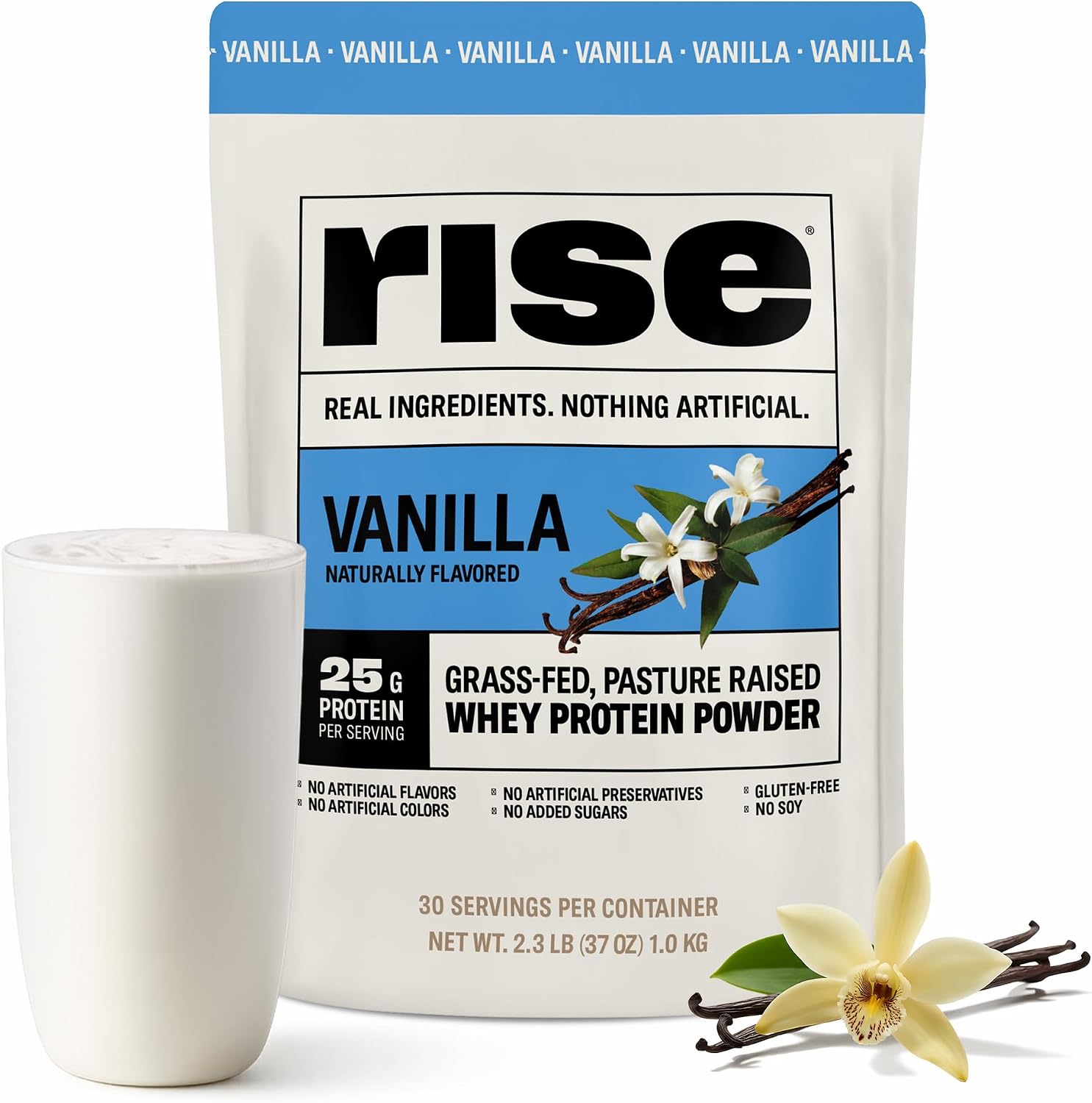 Rise Grass-Fed Whey Protein Powder - Vanilla | 25g Protein No Artificial Flavors, Colors, or Preservatives - Sugar Free, Gluten-Free, Soy Free (2.3 lbs)