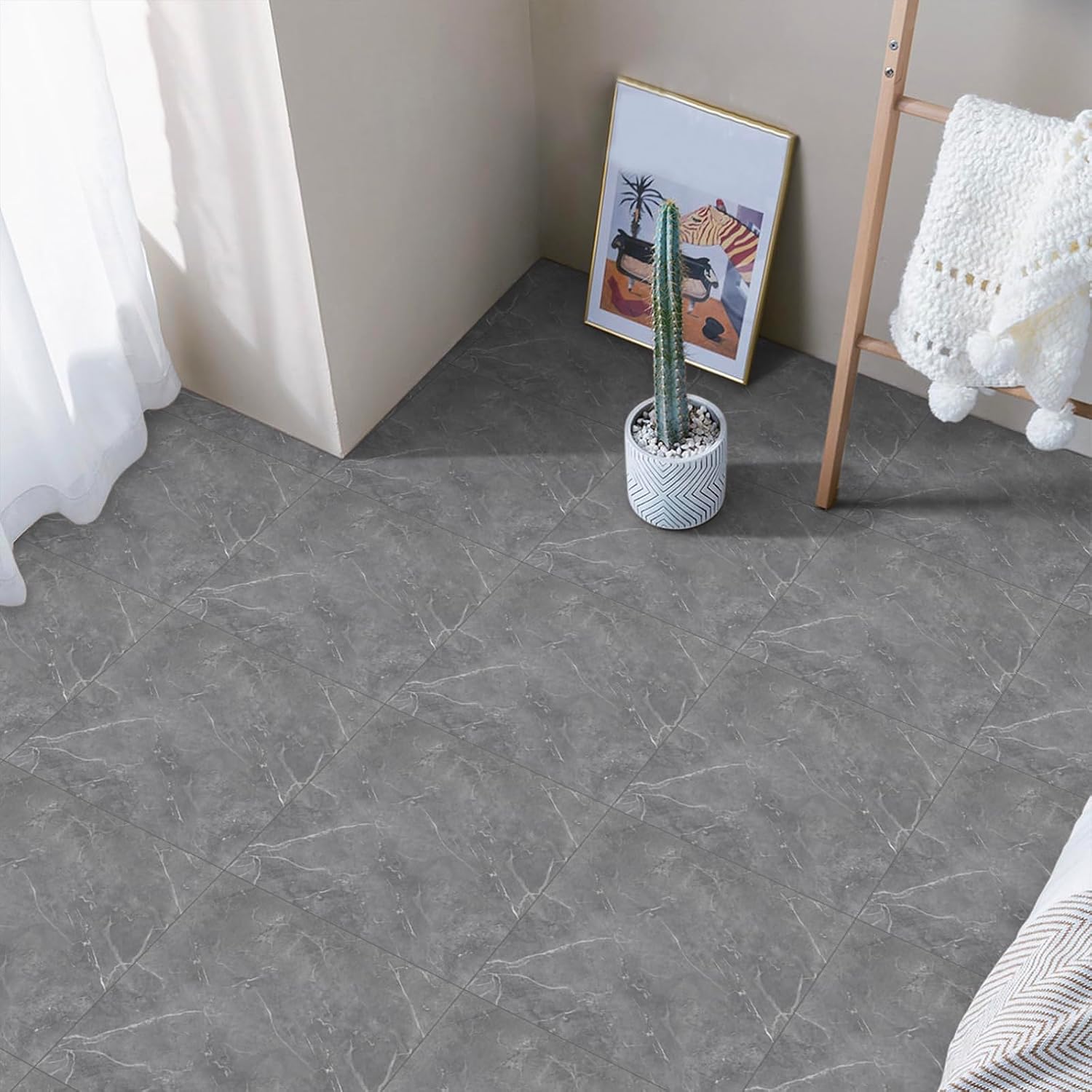 Floor Tiles Self Adhesive, Peel and Stick Tile Stickers for Bathroom Kitchen, Grey Waterproof Marble Stick on 30x30cm 50pcs