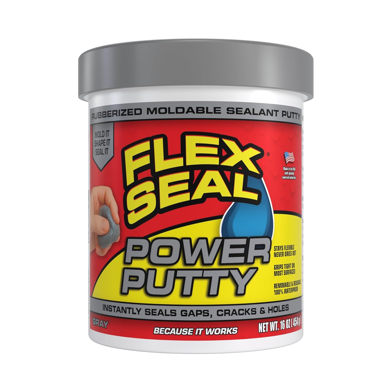 Flex Seal Power Putty, Moldable Waterproof Rubberized Sealant, Instantly Fills Gaps, Cracks, or Holes, Removable Reusable, Works Underwater, Pipes, Marine, Auto, RV, Metal, Plastic, Wood, Gray 16 oz