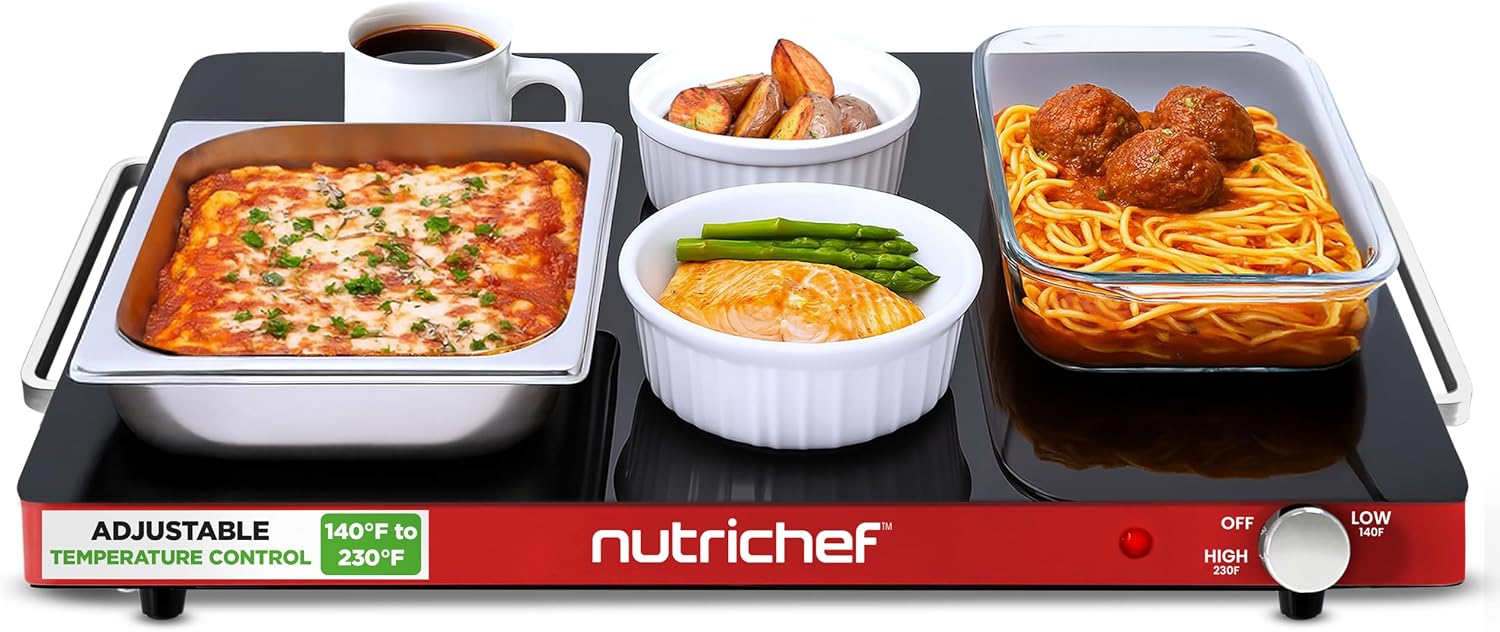 NutriChef Electric Warming Tray | Glass Surface Hot Serving Tray | Adjustable Temperature 140°F to 230°F | Energy Efficient & Space Saving | Perfect for Buffets,Parties & More | 21.2 x 16.5 IN | Red