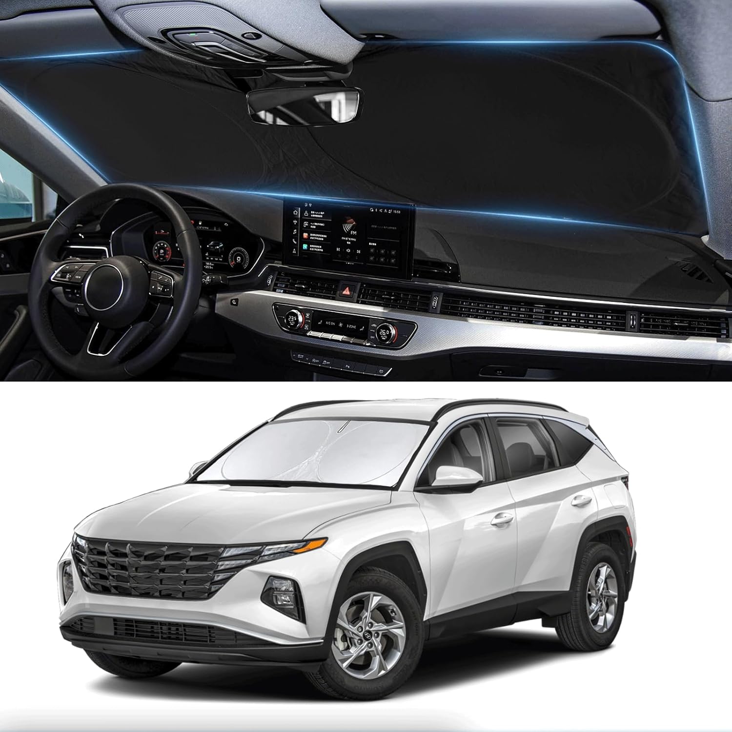 Custom Fit Tucson Windshield Sunshade for Hyundai Tucson 2022-2025 Front Window Retractable Shades Cover for Windshield Sun Visor Protector 210T Reflector Blocks UV Rays Cooler Car Accessories