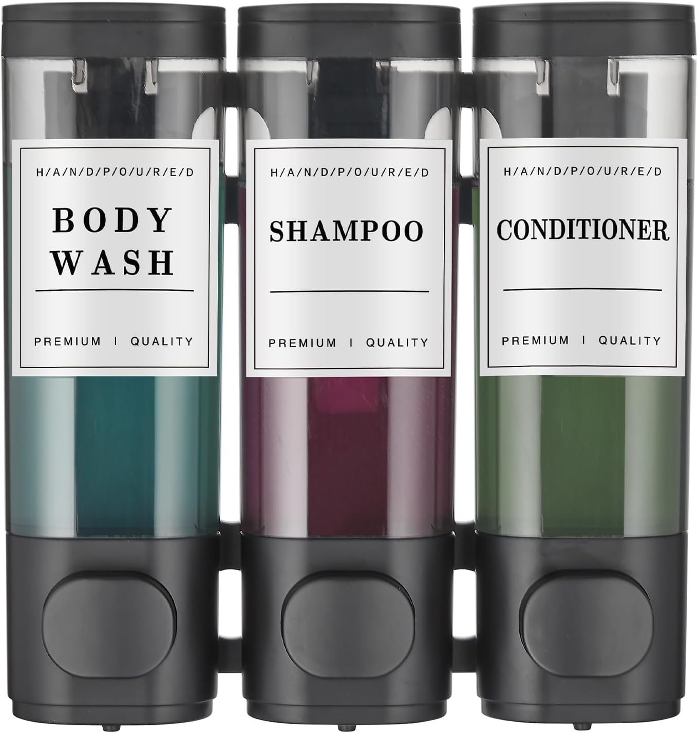 Shampoo and Conditioner Dispenser Shower Dispenser Body Wash Wall Mounted Shampoo Dispenser for Shower Wall No Drill for Bathroom Hotel 3 Chamber x 300ml Black with Waterproof Labels