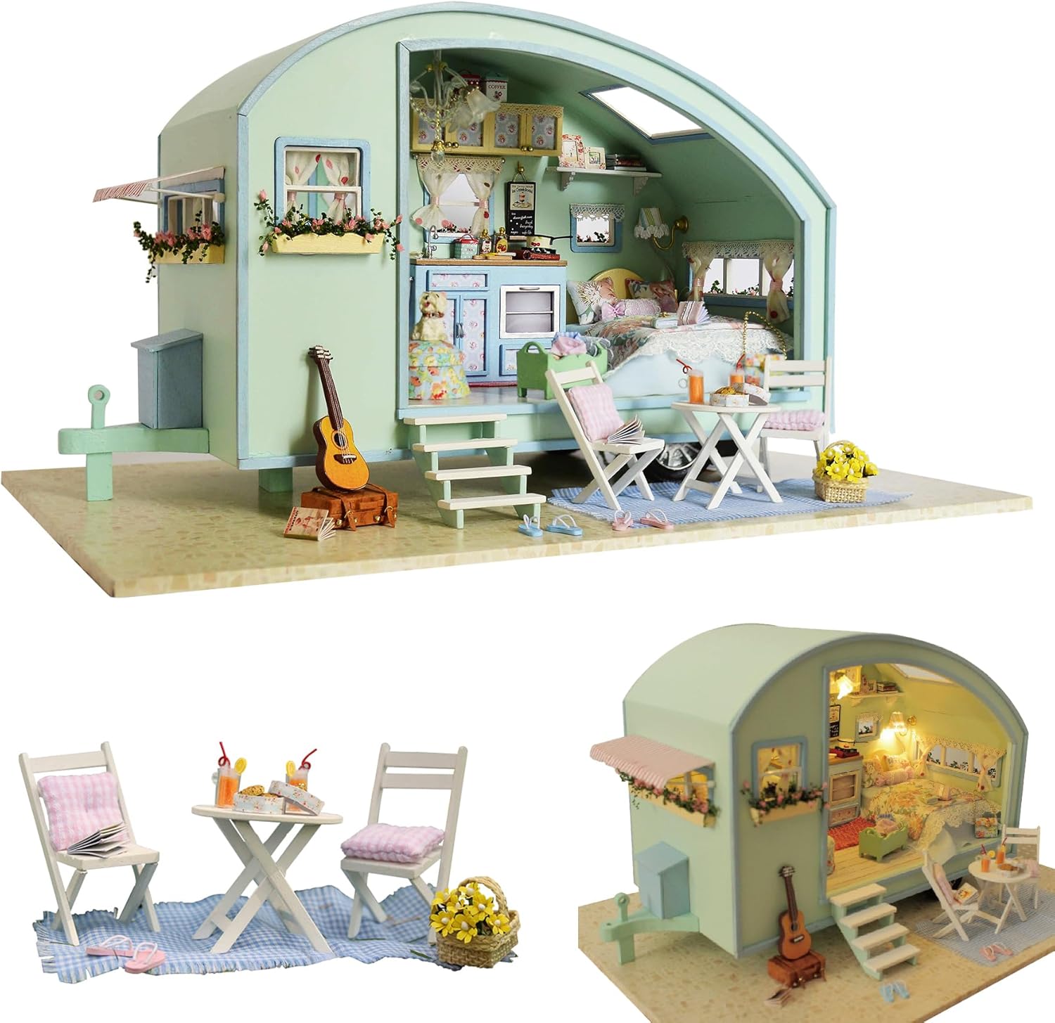 CUTEROOM Miniature Dolls House Kits, Diy Wooden Dolls House Handcraft Miniature House Kit Caravan, Time Travel Model House Kit with Furniture