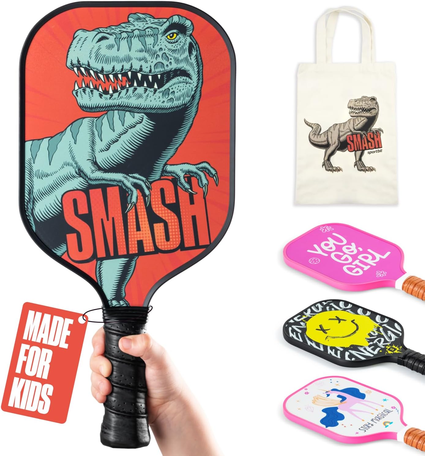 Sportbit Kids Pickleball Paddles Set of 1 or 2 - Child Size Pickleball Paddle for Kids Small and Lightweight - Carbon Fiber Youth Pickleball Paddle Set with Bag for Children Under 12.