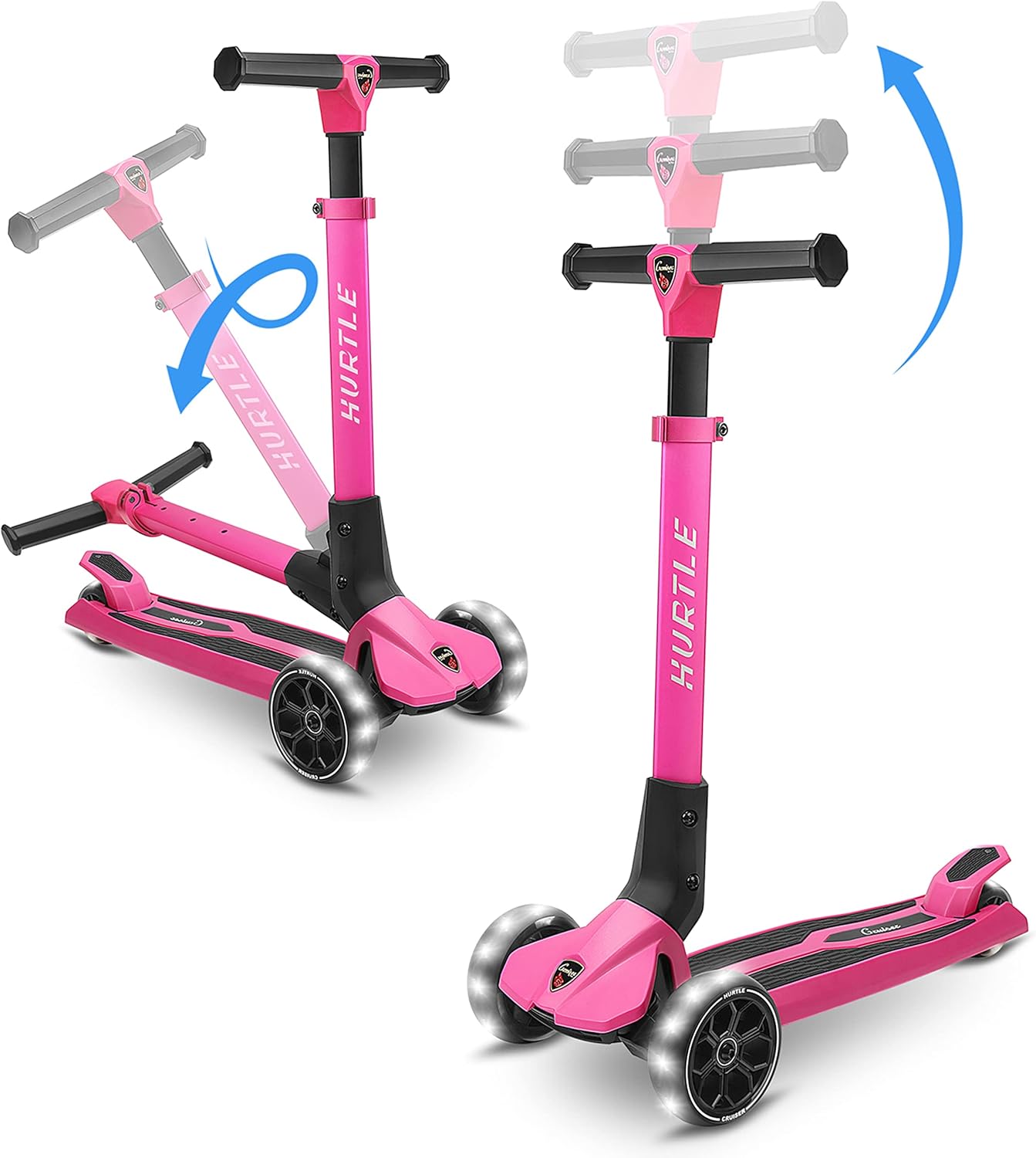 Hurtle Foldable Scooter for Kids Age 3+, 3-Wheels with Adjustable Handlebar up to 50 kg, Foldable Children's Scooter with LED Wheels & Non-Slip Deck, Aluminum City