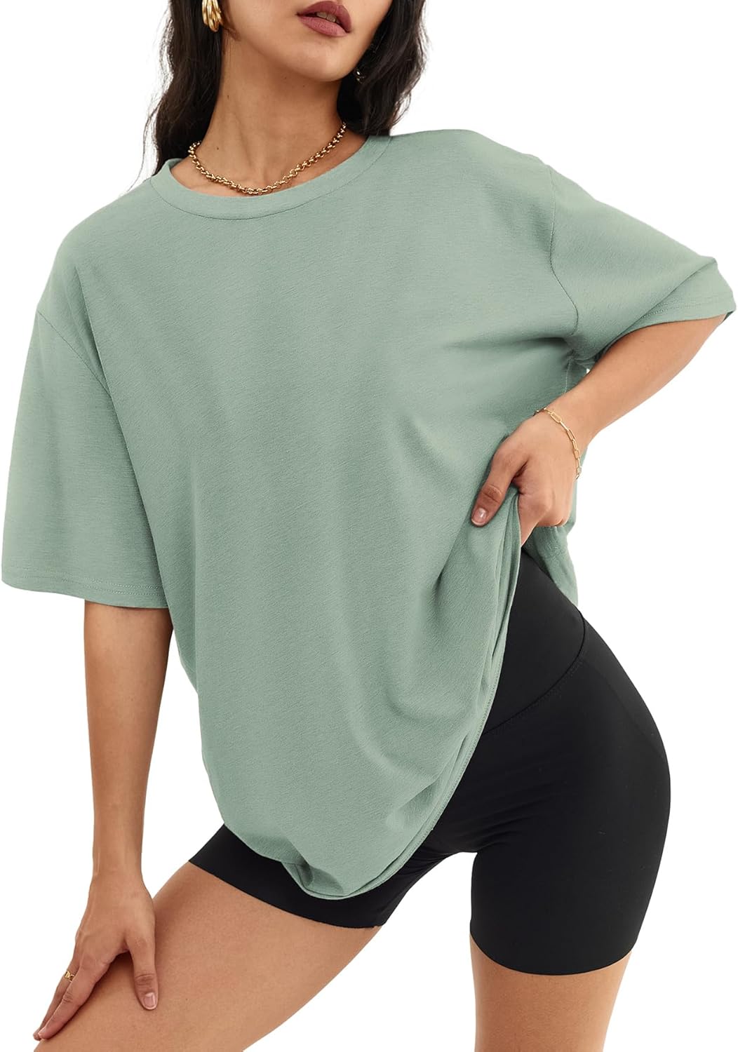 ATHMILE Womens Oversized T Shirts Loose Fit Crewneck Short Sleeve Tops Summer Casual Blouse Y2K 2025 Basic Tee Beach