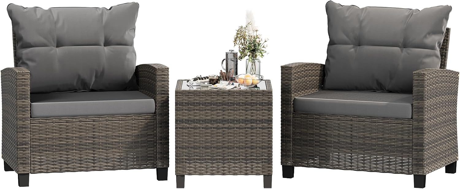 Shintenchi 3 Pieces Patio Furniture Set 3 Pieces PE Rattan Wicker Chairs with Table Outdoor Furniture for Backyard/Garden/Poolside/Outdoor Restaurant Gary Rattan with Gary Cushion