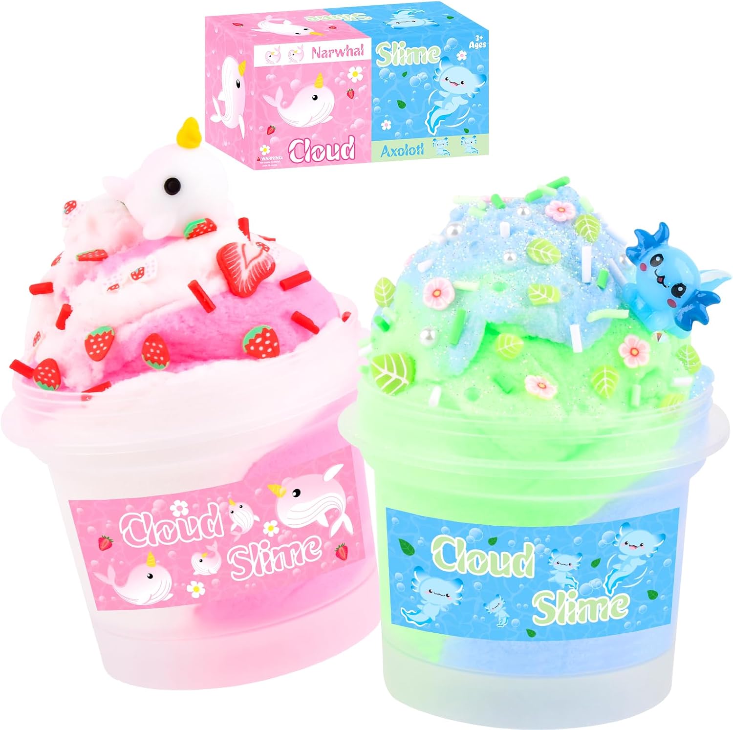 Axolotl Cloud Slime Kit 2 Pack - Non-Sticky DIY Slime for Kids, Includes Cute Axolotl Charms & Add-Ins, ASMR Sensory Toys, Slime Party Favors for Girls Boys