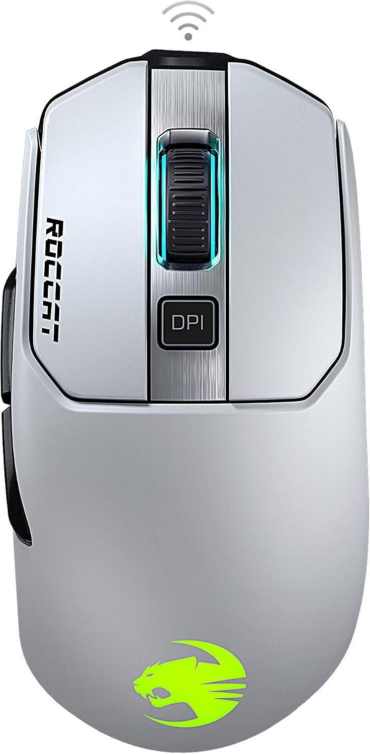 ROCCAT Kain 202 PC Gaming Wireless Mouse, AIMO RGB Lighting, 16,000 DPI Optical Owl-Eye Sensor, Ergonomic USB Computer Mouse, Claw Grip, Long Lasting Battery Life, Titan Scroll Wheel, White